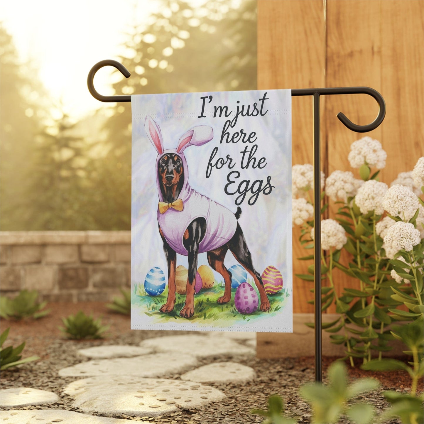 Printify Home Decor Easter Doberman Pinscher Funny Dog Yard Flag, Garden Flag, Spring Lawn Decor, Gardener Gift