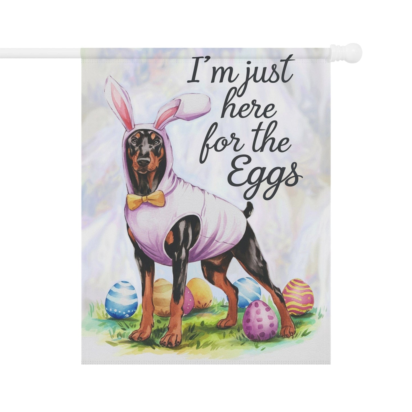 Printify Home Decor 24.5'' × 32'' Easter Doberman Pinscher Funny Dog Yard Flag, Garden Flag, Spring Lawn Decor, Gardener Gift