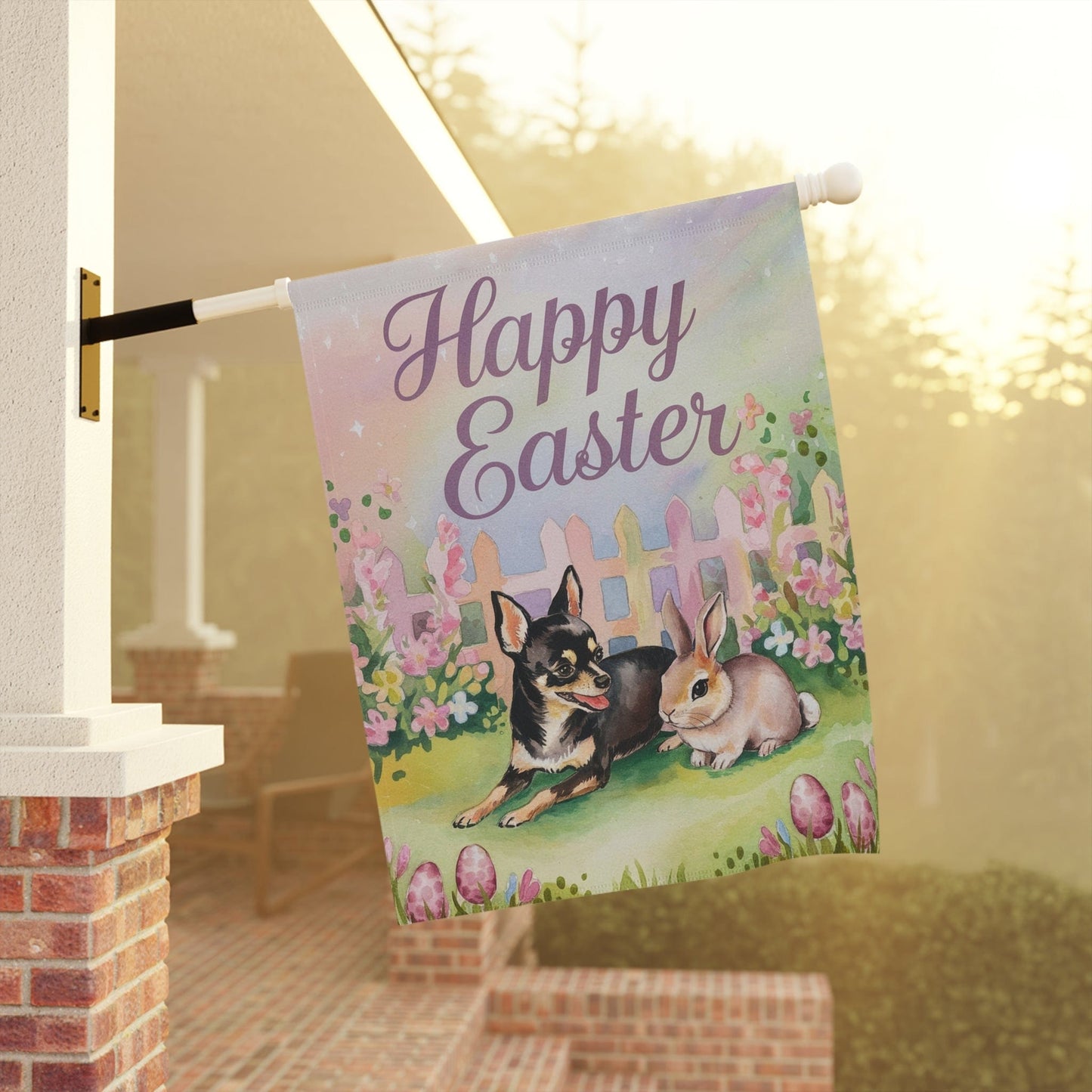 Printify Home Decor Easter Garden Black and Tan Chihuahua, Festive Spring Garden Flag, Front Yard Decor, Gardener Gift