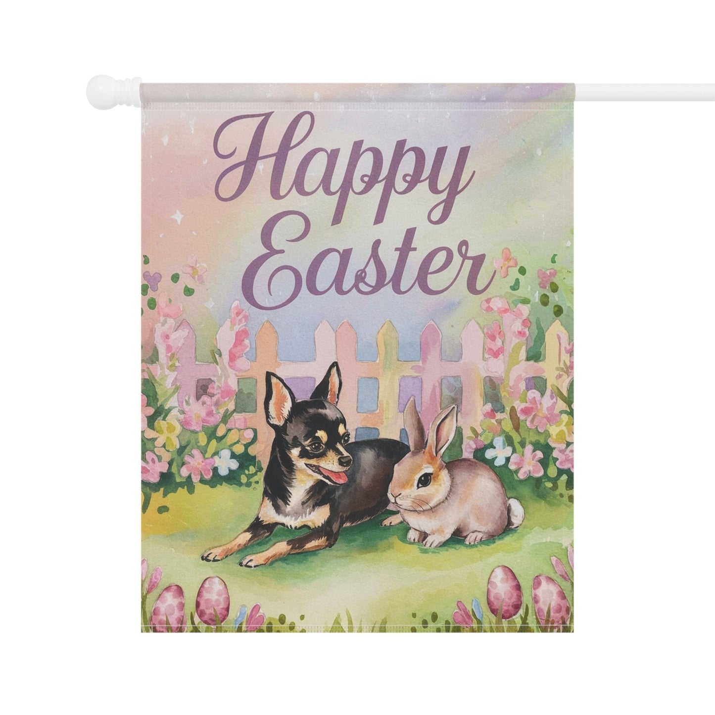Printify Home Decor Easter Garden Black and Tan Chihuahua, Festive Spring Garden Flag, Front Yard Decor, Gardener Gift