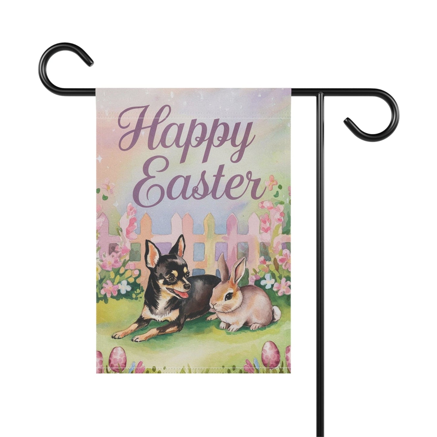 Printify Home Decor Easter Garden Black and Tan Chihuahua, Festive Spring Garden Flag, Front Yard Decor, Gardener Gift