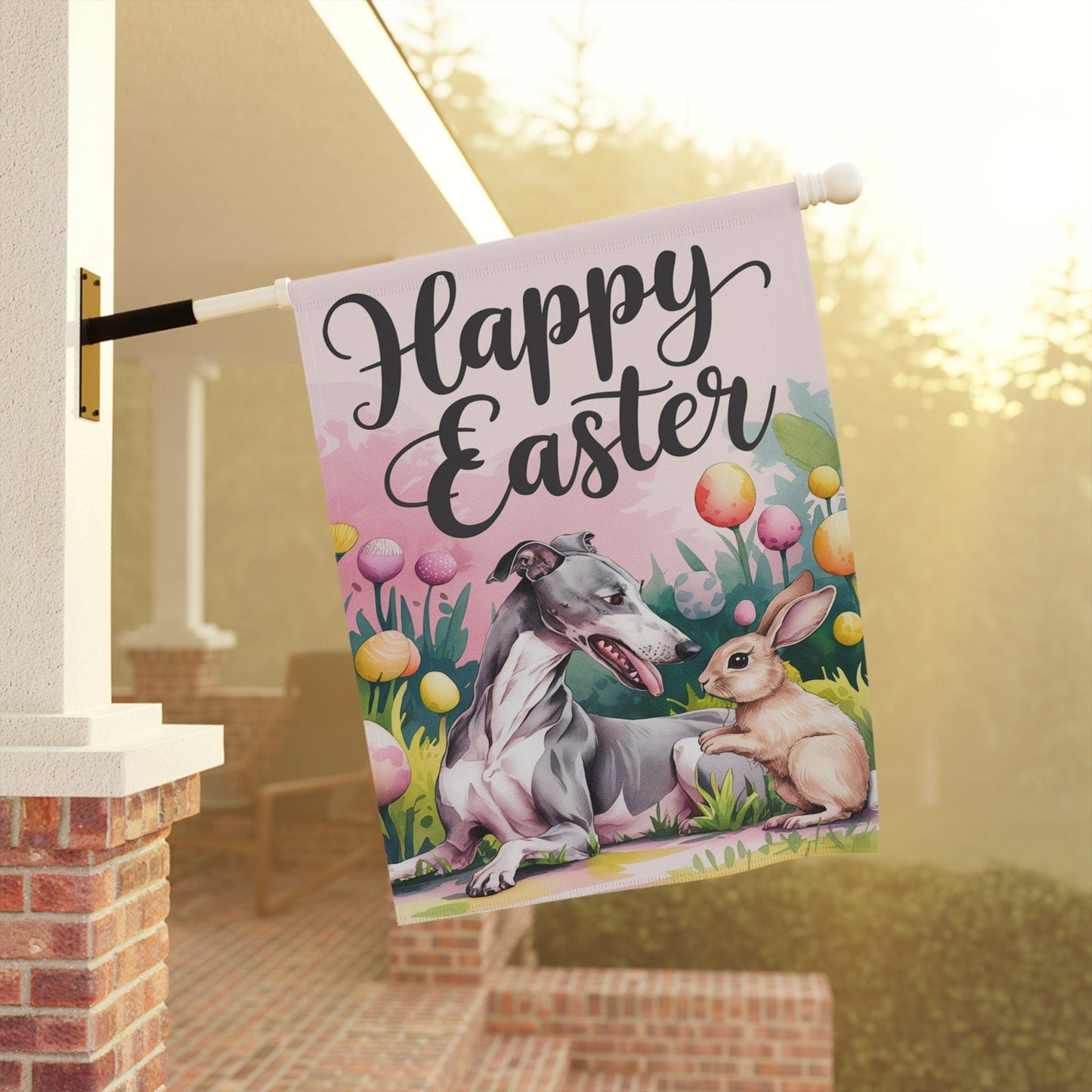 Printify Home Decor Easter Greyhound Dog, Rabbit Spring Garden Flag, Front Yard Floral Decor, Gardener Gift