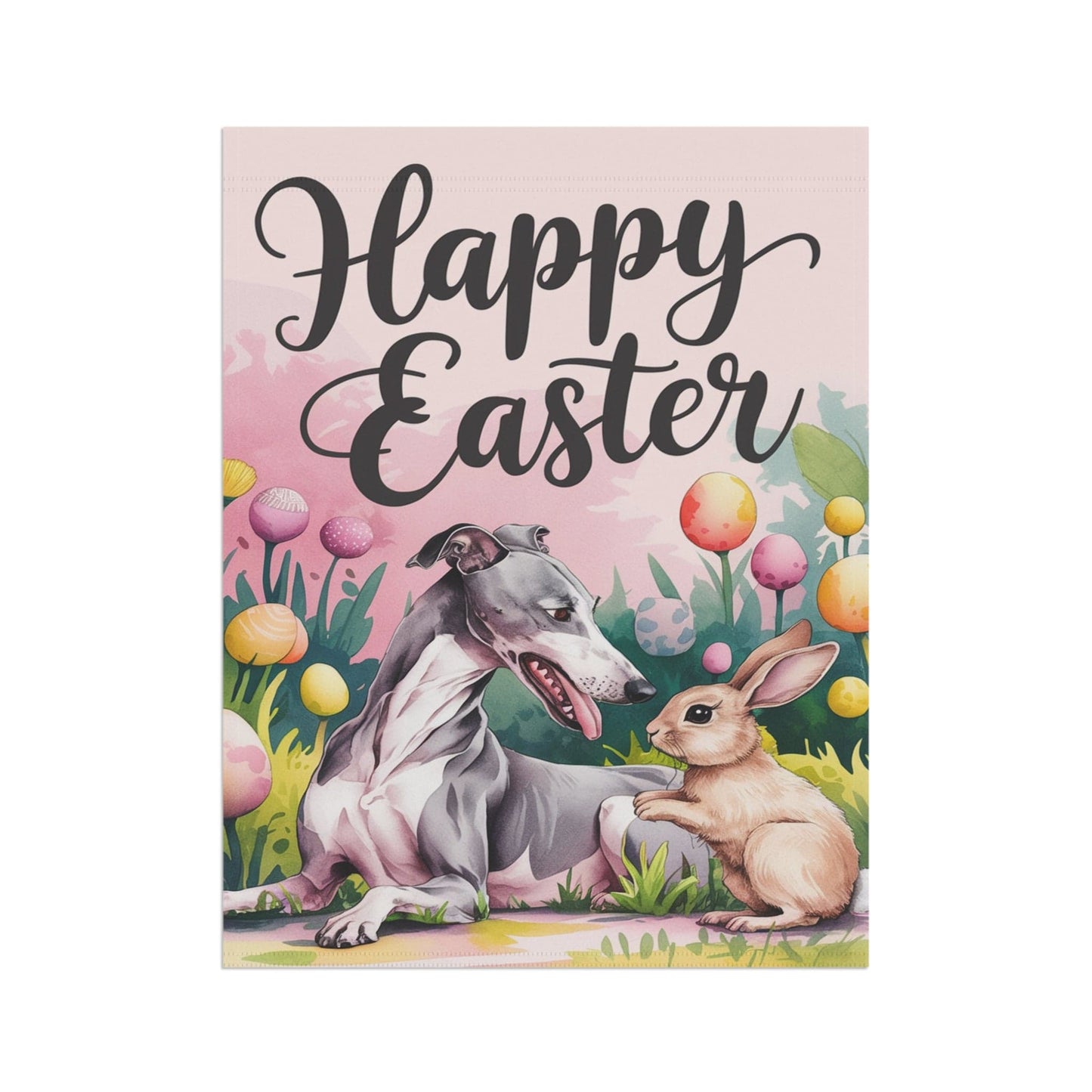 Printify Home Decor Easter Greyhound Dog, Rabbit Spring Garden Flag, Front Yard Floral Decor, Gardener Gift