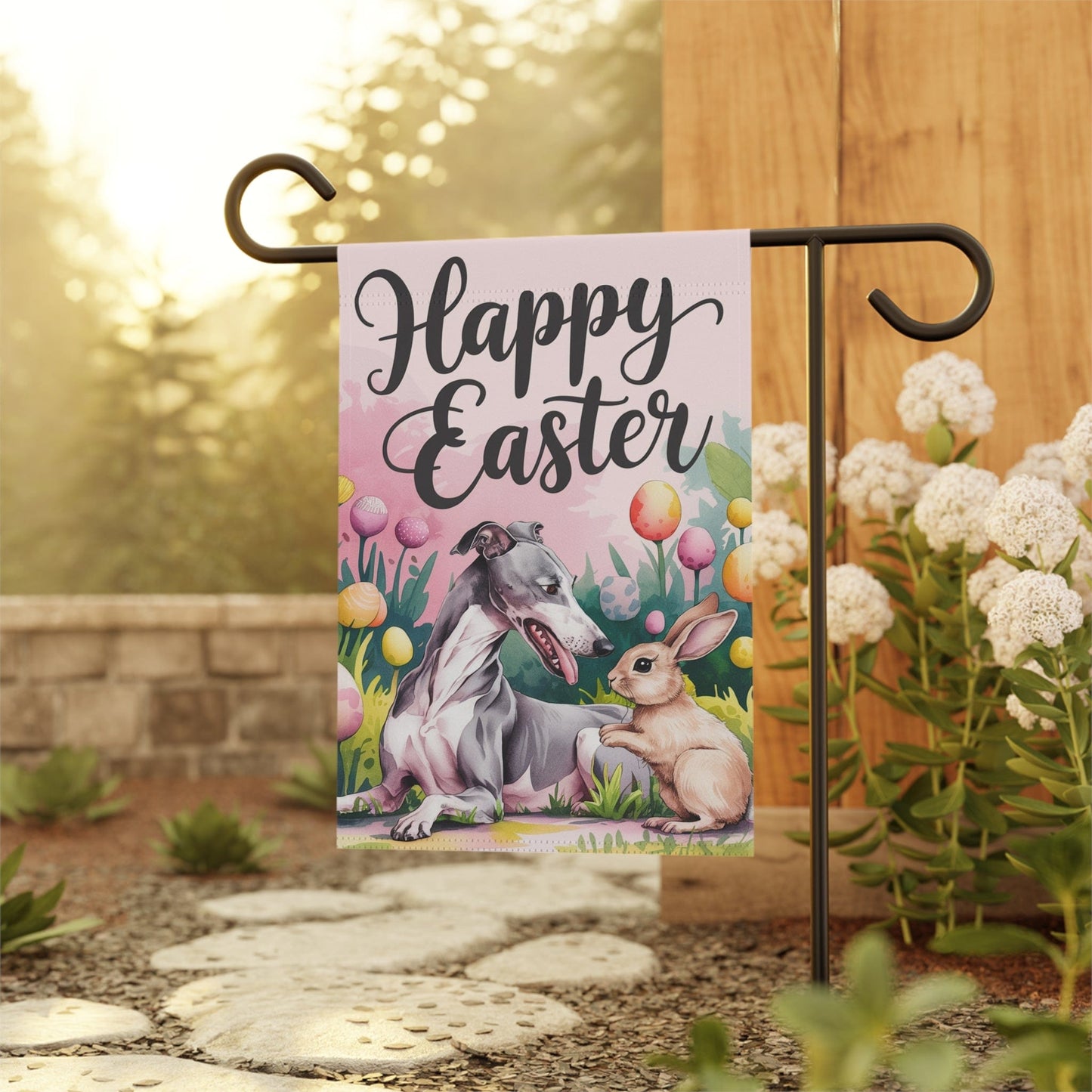 Printify Home Decor Easter Greyhound Dog, Rabbit Spring Garden Flag, Front Yard Floral Decor, Gardener Gift