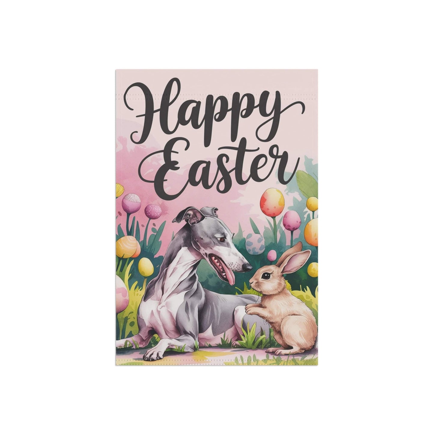 Printify Home Decor Easter Greyhound Dog, Rabbit Spring Garden Flag, Front Yard Floral Decor, Gardener Gift