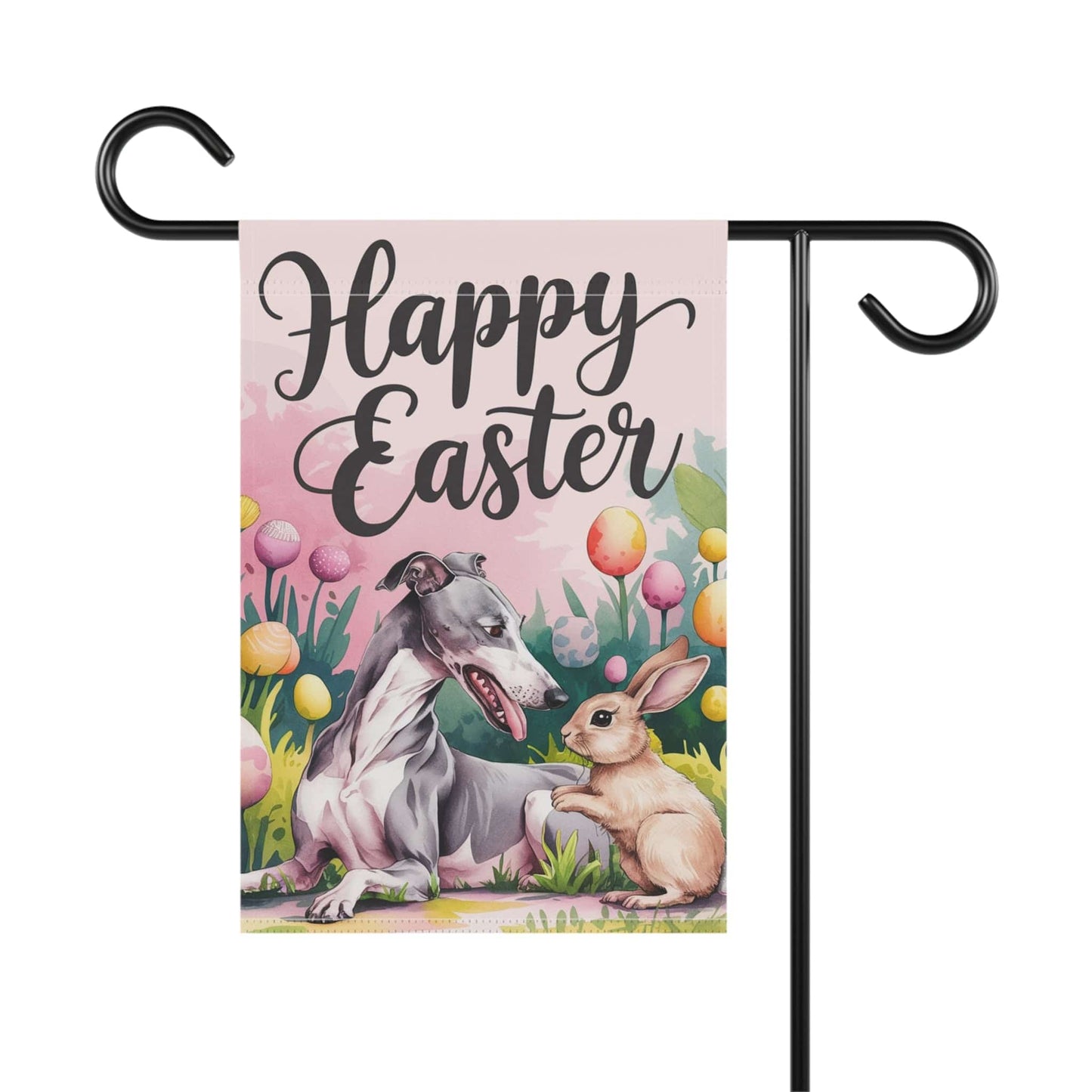 Printify Home Decor Easter Greyhound Dog, Rabbit Spring Garden Flag, Front Yard Floral Decor, Gardener Gift