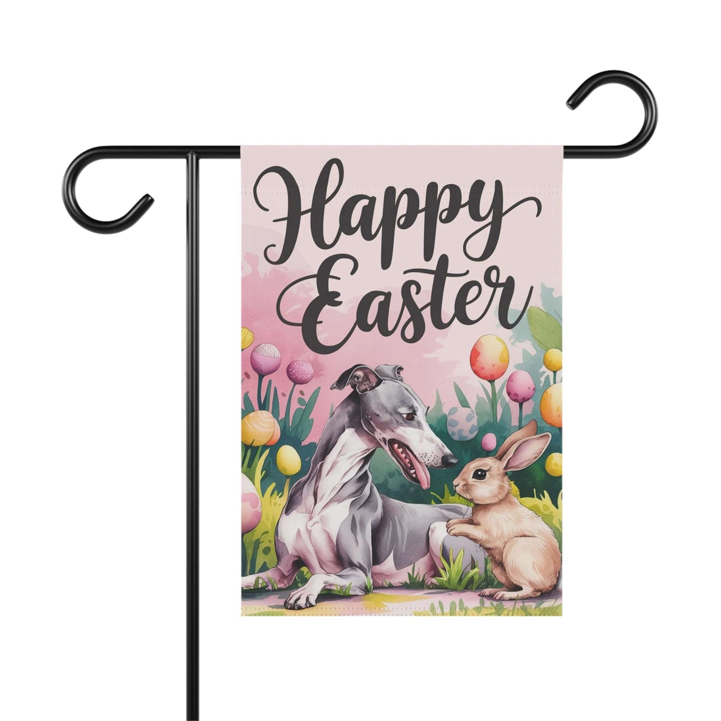 Printify Home Decor 12'' × 18'' Easter Greyhound Dog, Rabbit Spring Garden Flag, Front Yard Floral Decor, Gardener Gift
