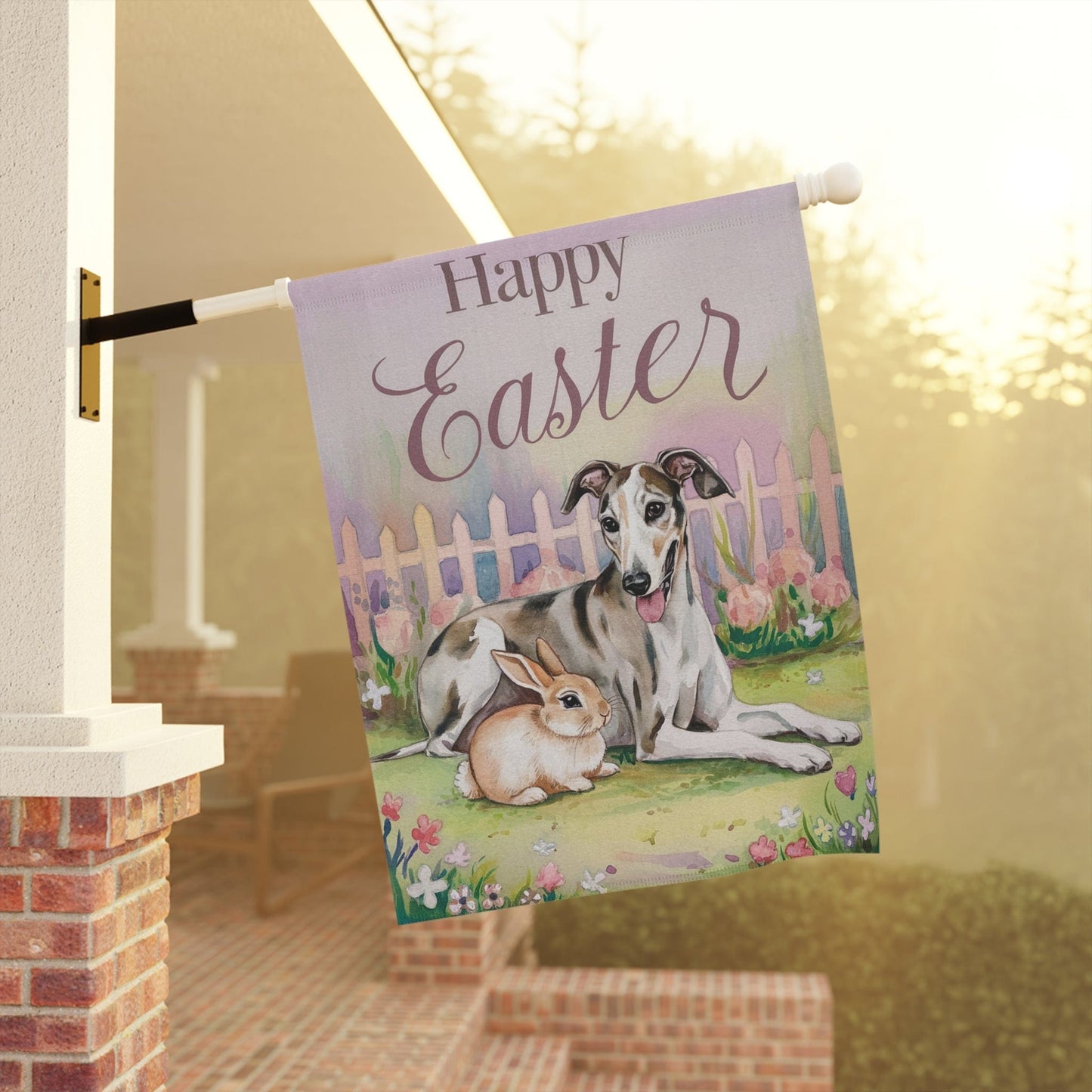 Printify Home Decor Easter Greyhound Garden Flag, Spring Front Yard Decor, Housewarming Gardener Gift
