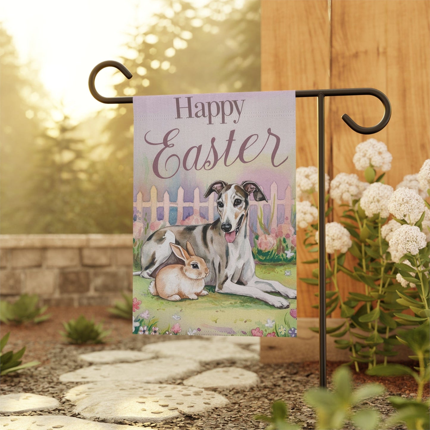 Printify Home Decor Easter Greyhound Garden Flag, Spring Front Yard Decor, Housewarming Gardener Gift