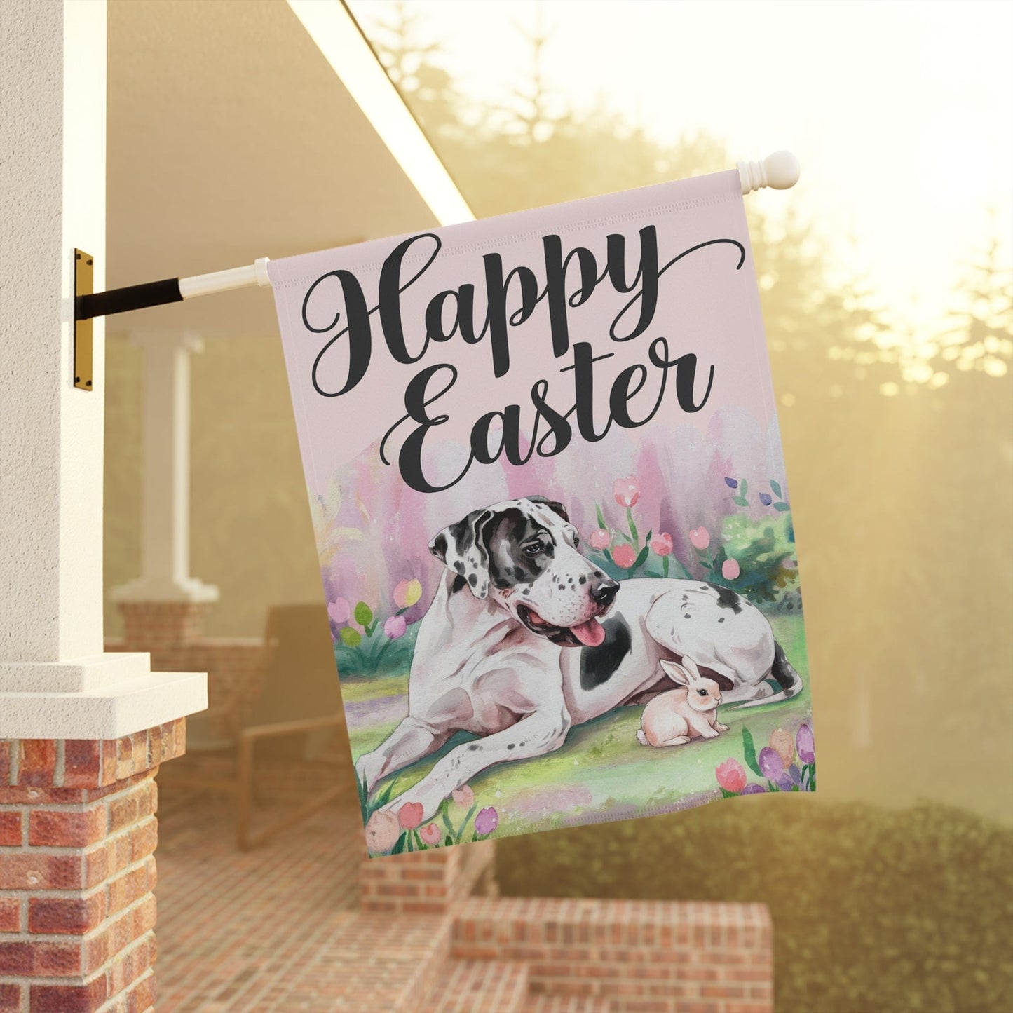 Printify Home Decor Easter Harlequin Great Dane Yard Flag, Floral Spring Garden Flag, Front Yard Decor