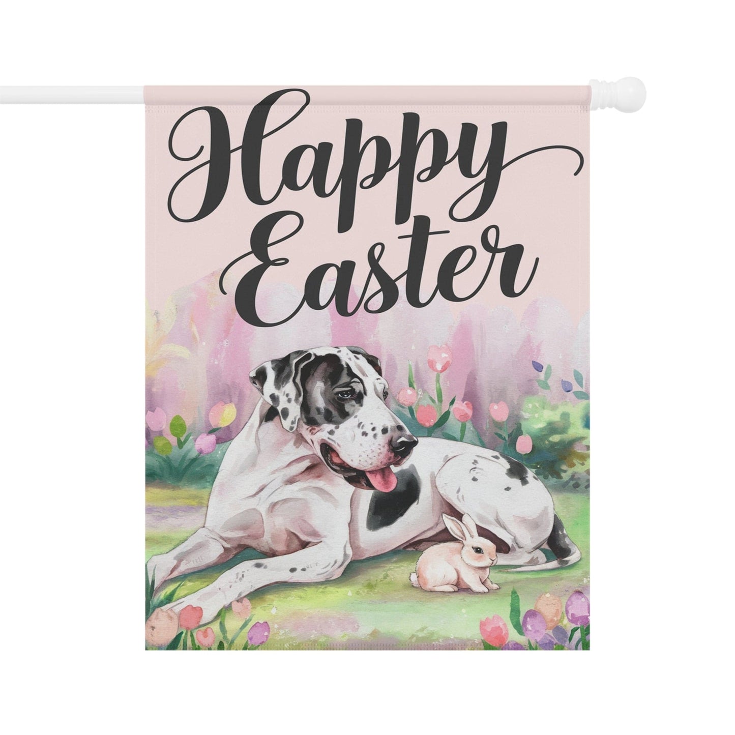 Printify Home Decor 24.5'' × 32'' Easter Harlequin Great Dane Yard Flag, Floral Spring Garden Flag, Front Yard Decor