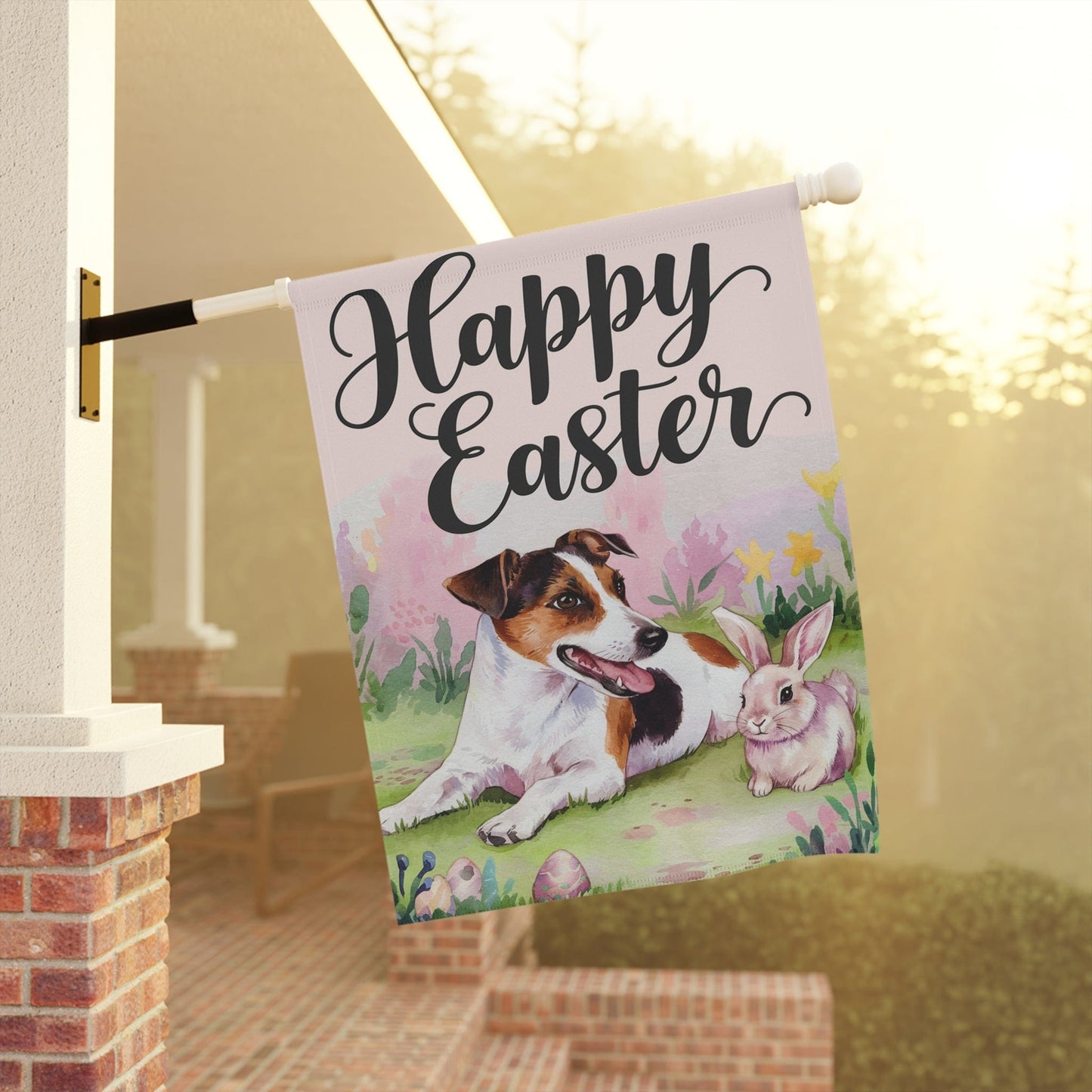 Printify Home Decor Easter Jack Russell Terrier Dog and Rabbit, Funny Garden Flag, Spring Lawn Decor