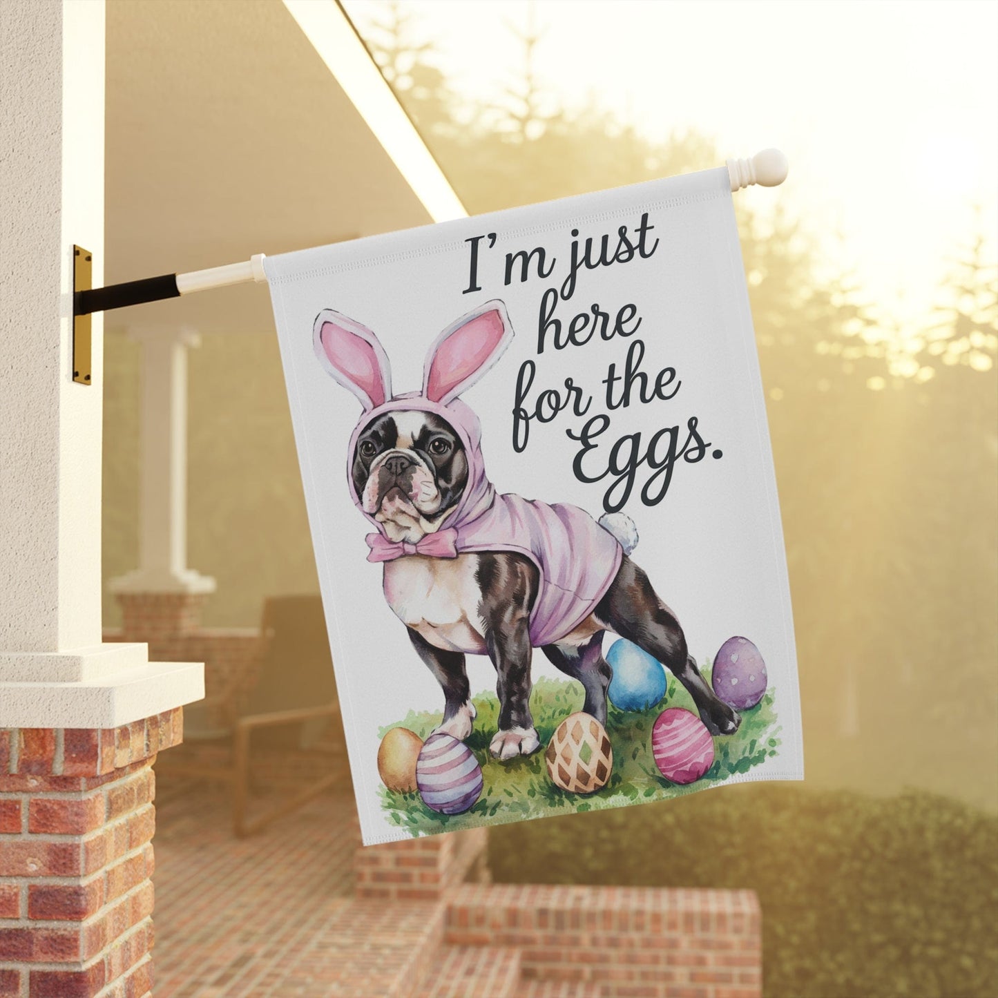 Printify Home Decor Easter Piebald Frenchie Dog Yard Flag, Colorful Humorous Funny Garden Flag