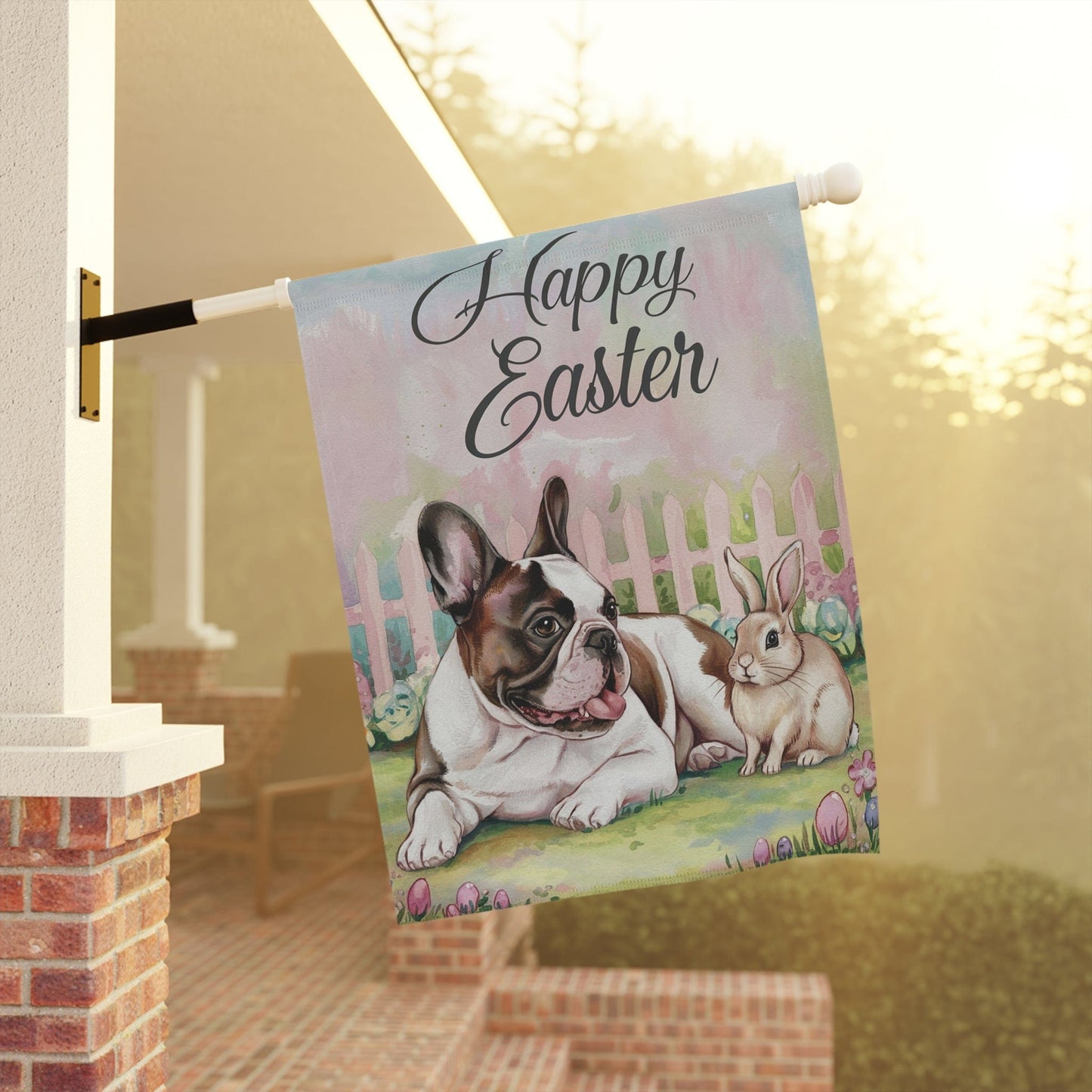 Printify Home Decor Easter Piebald Frenchie Garden Flag, French Bulldog Front Yard Decor, Spring Decor, Housewarming