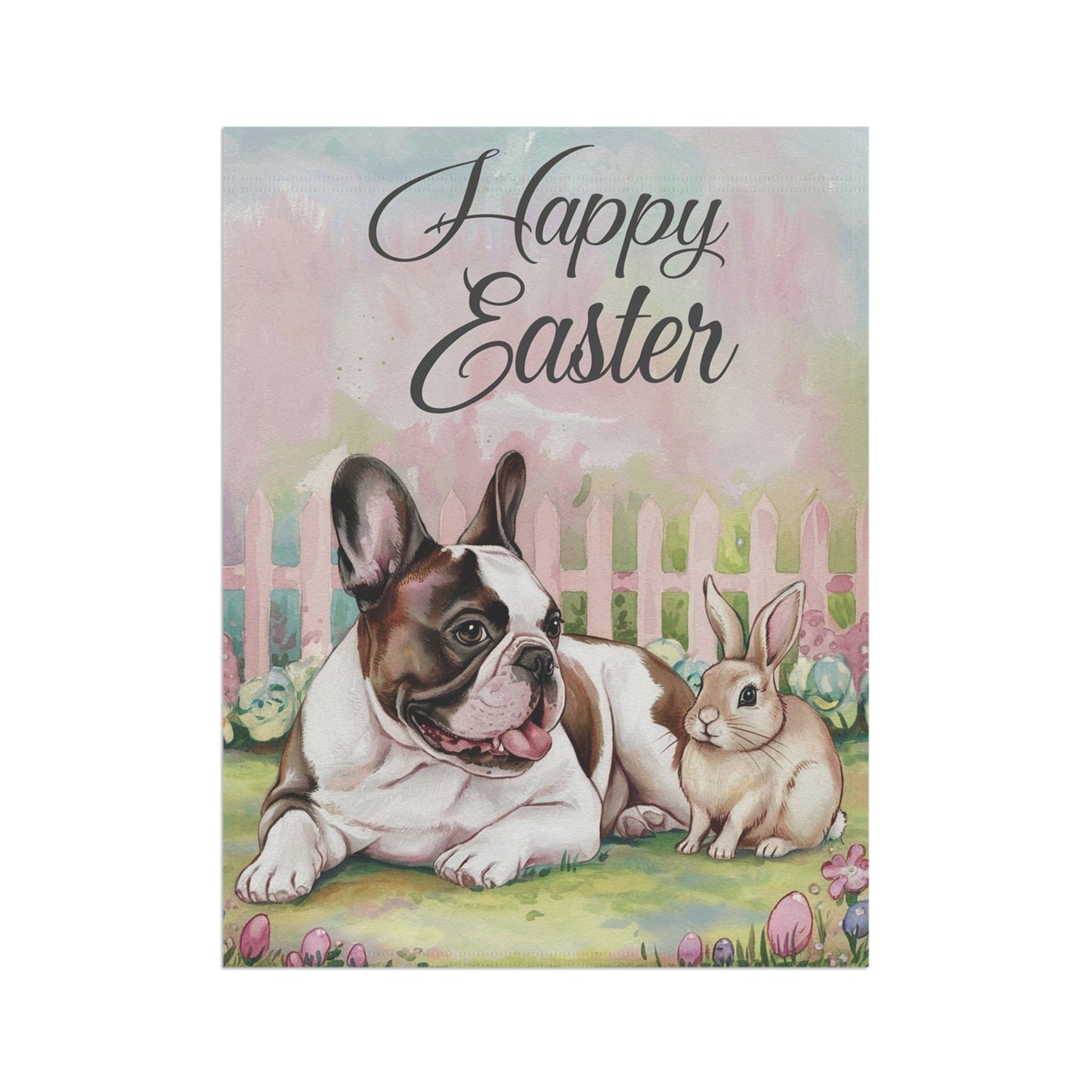 Printify Home Decor Easter Piebald Frenchie Garden Flag, French Bulldog Front Yard Decor, Spring Decor, Housewarming
