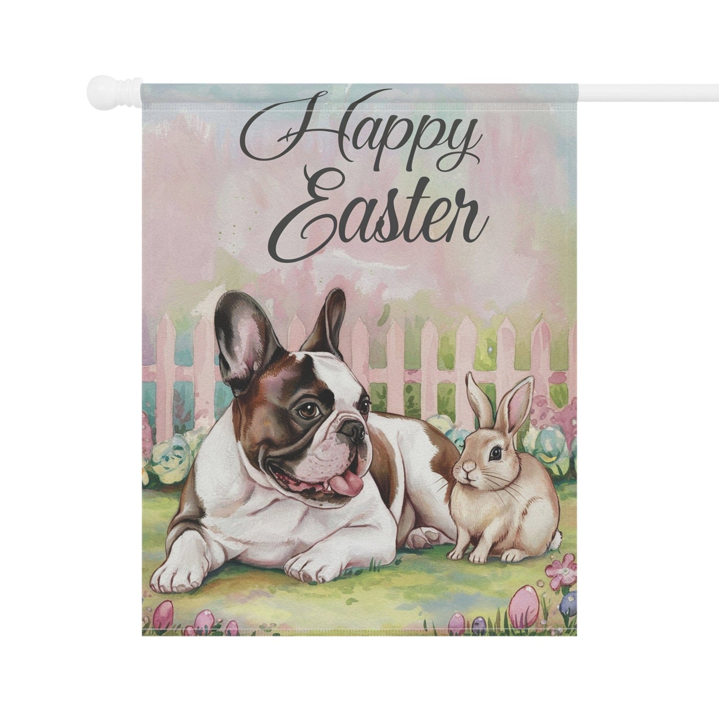 Printify Home Decor Easter Piebald Frenchie Garden Flag, French Bulldog Front Yard Decor, Spring Decor, Housewarming