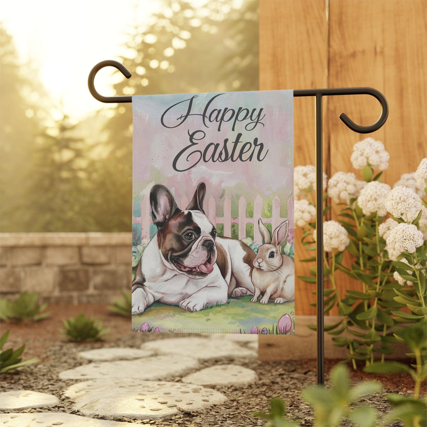 Printify Home Decor Easter Piebald Frenchie Garden Flag, French Bulldog Front Yard Decor, Spring Decor, Housewarming