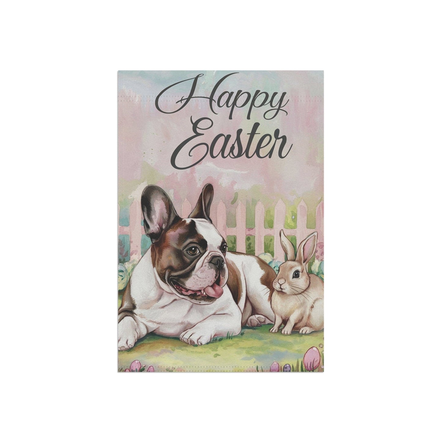Printify Home Decor Easter Piebald Frenchie Garden Flag, French Bulldog Front Yard Decor, Spring Decor, Housewarming