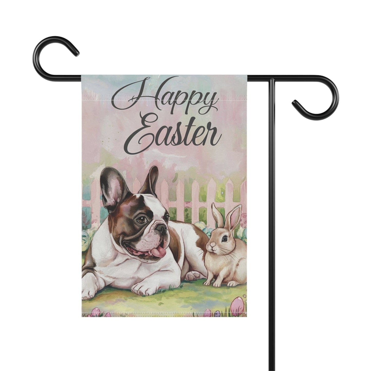 Printify Home Decor Easter Piebald Frenchie Garden Flag, French Bulldog Front Yard Decor, Spring Decor, Housewarming