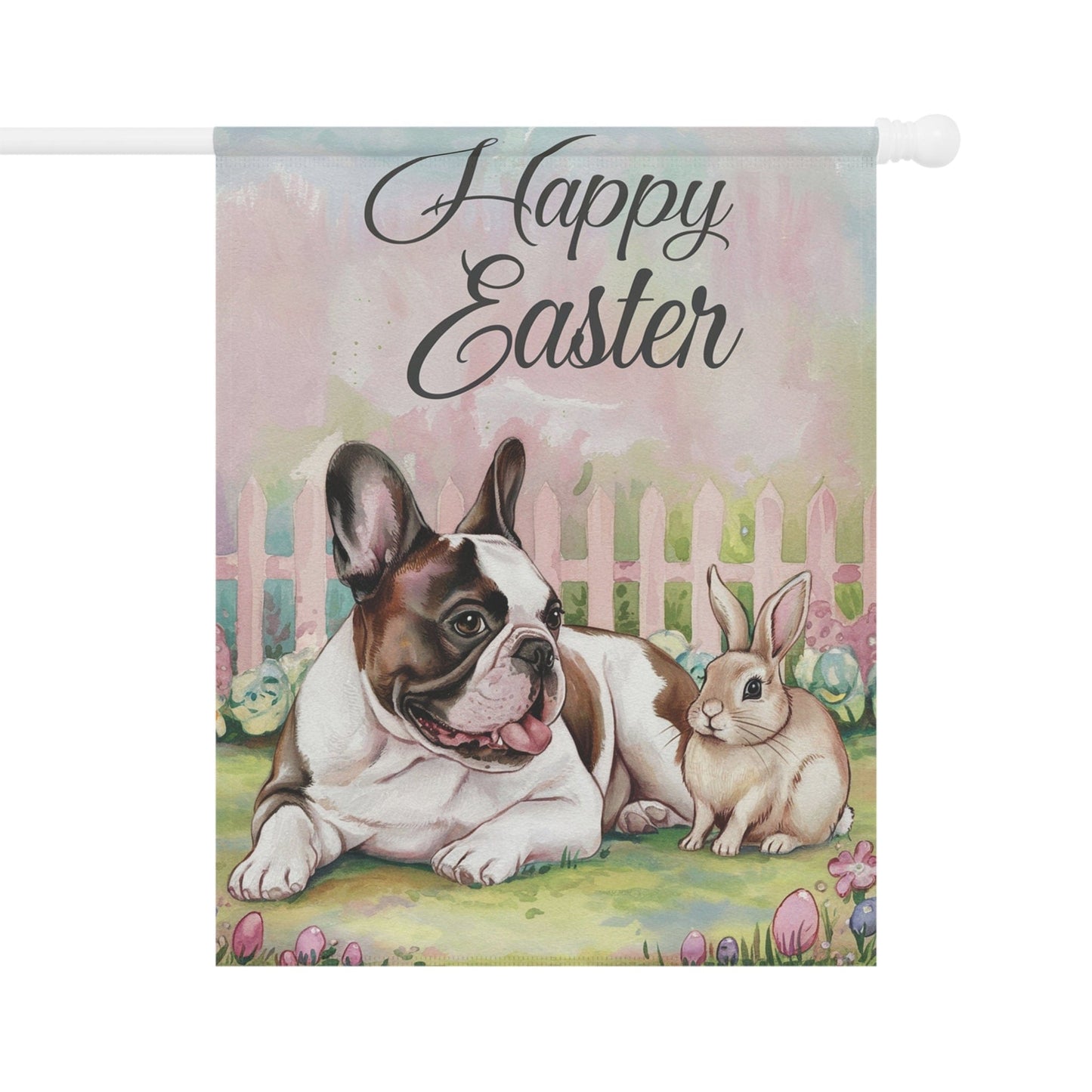 Printify Home Decor 24.5'' × 32'' Easter Piebald Frenchie Garden Flag, French Bulldog Front Yard Decor, Spring Decor, Housewarming