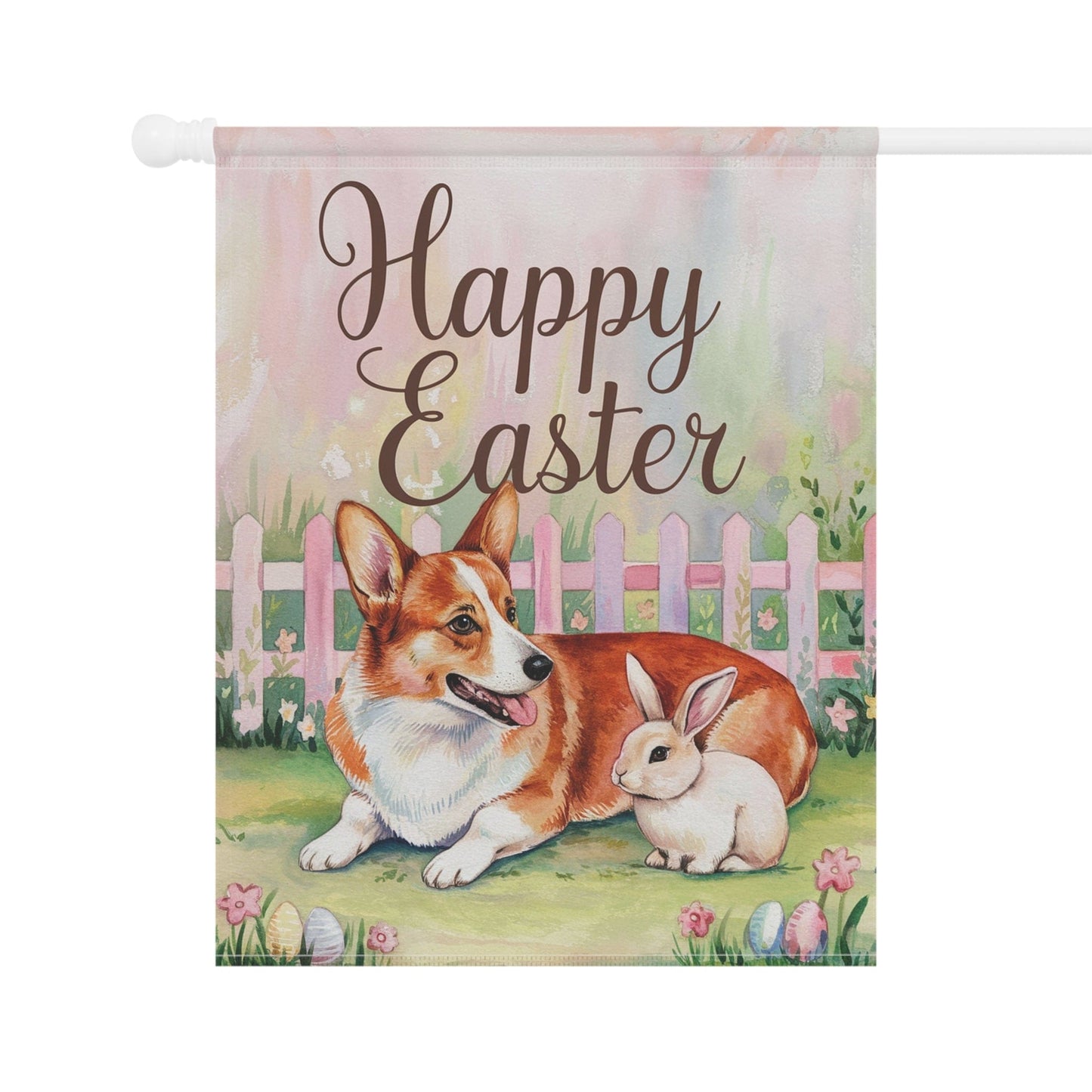 Printify Home Decor Easter Red Corgi Cardigan and Bunny, Pastel Garden Flag, Front Yard Spring Decor