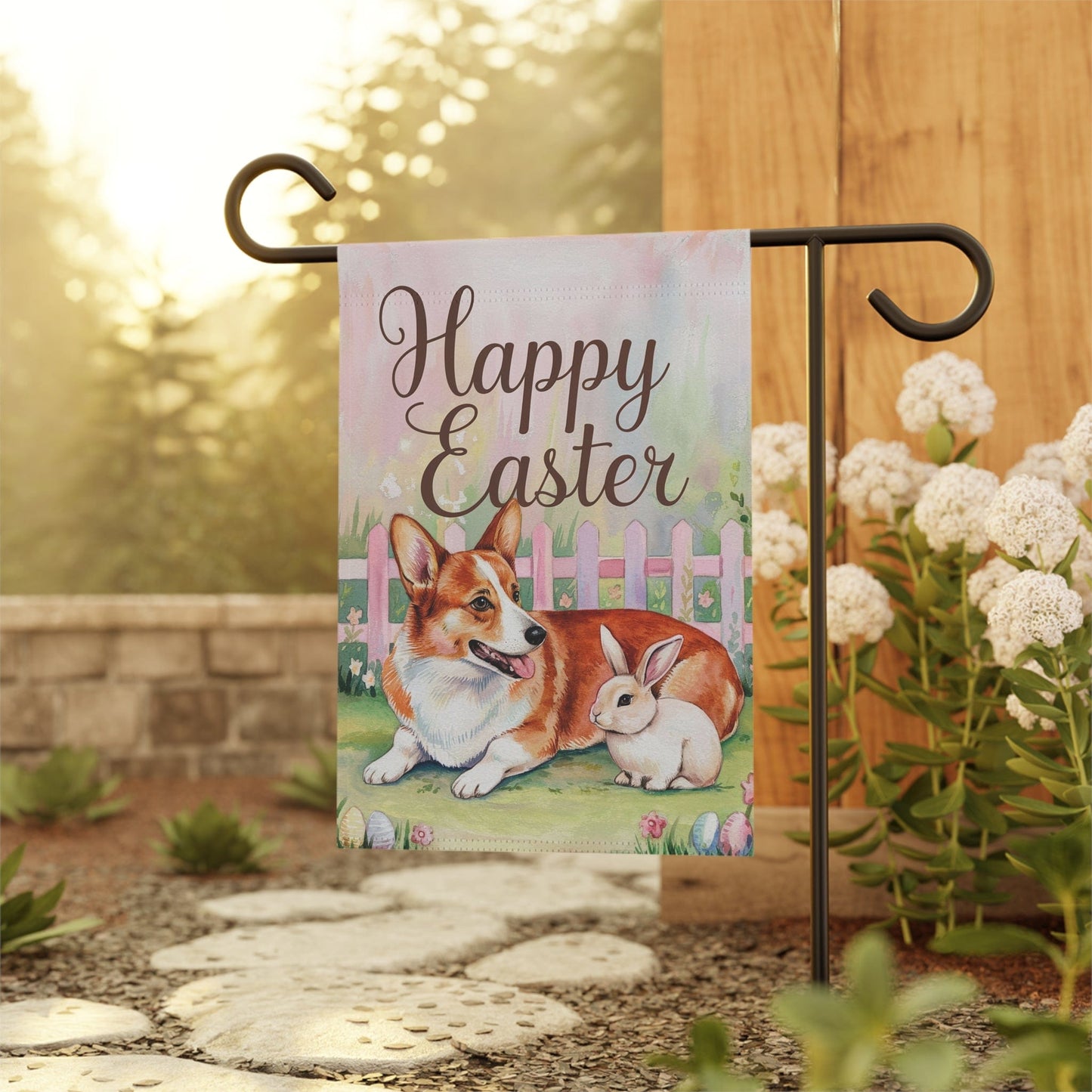 Printify Home Decor Easter Red Corgi Cardigan and Bunny, Pastel Garden Flag, Front Yard Spring Decor