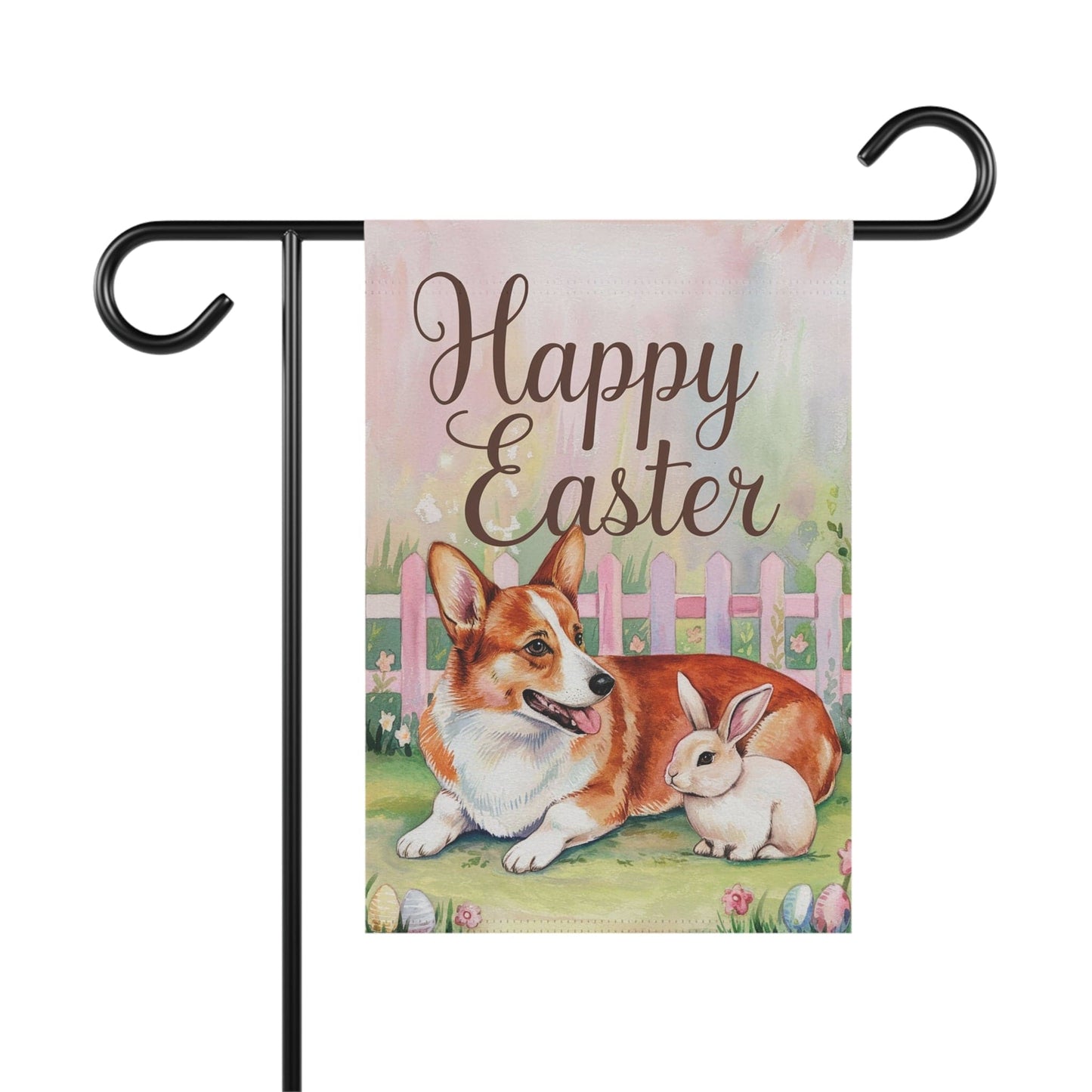 Printify Home Decor 12'' × 18'' Easter Red Corgi Cardigan and Bunny, Pastel Garden Flag, Front Yard Spring Decor