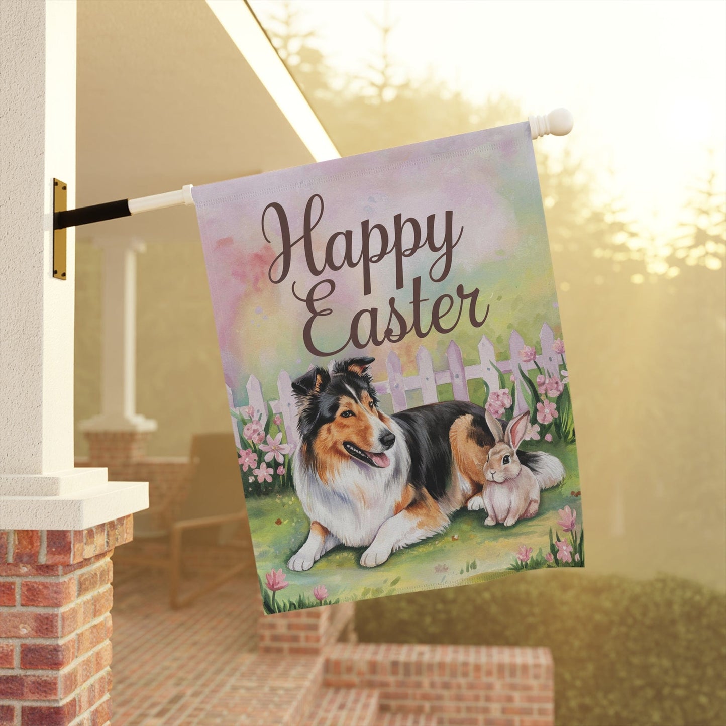 Easter Rough Collie Garden Decor, Spring Garden Flag, Front Yard Decor, Housewarming Gardener Gift