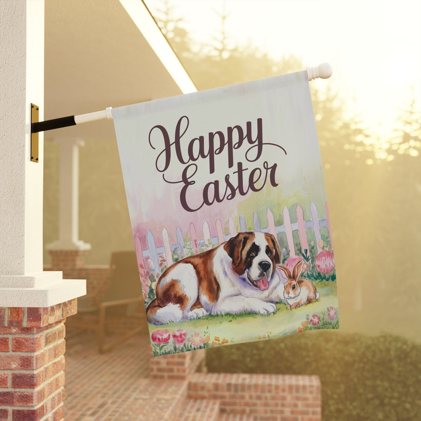 Easter Saint Bernard Garden Flag, Spring Front Yard Art, Housewarming Gardener Gift