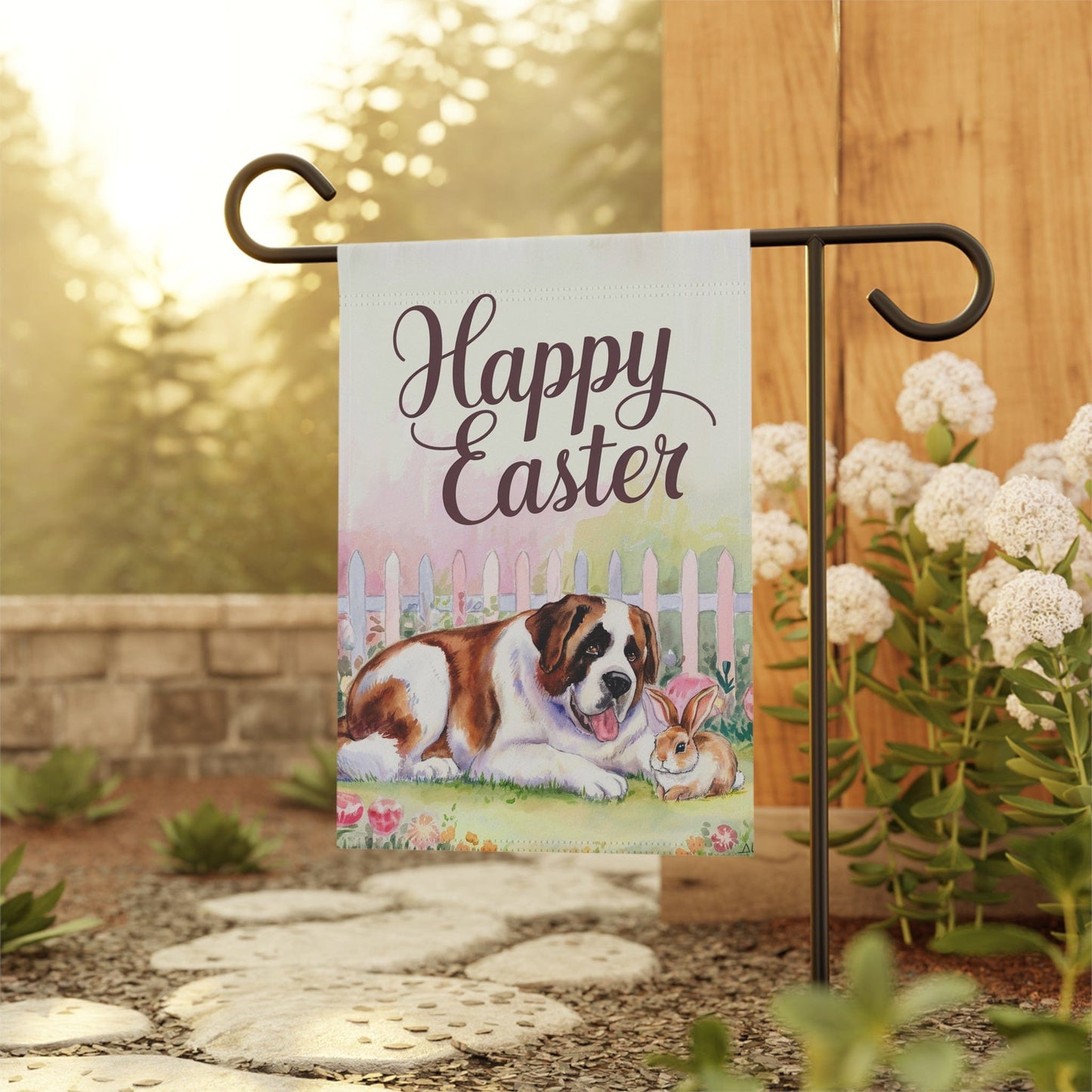Printify Home Decor Easter Saint Bernard Garden Flag, Spring Front Yard Art, Housewarming Gardener Gift