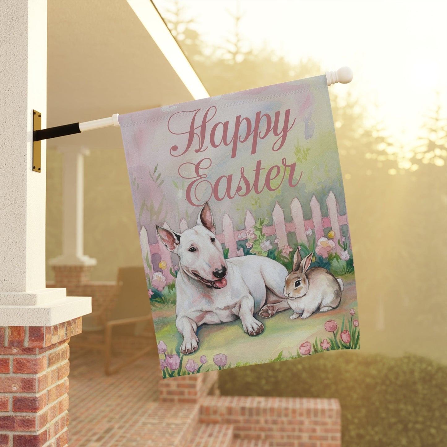 Printify Home Decor Easter White Bull Terrier Garden Flag, Spring Front Yard Decor, Gardener Gift