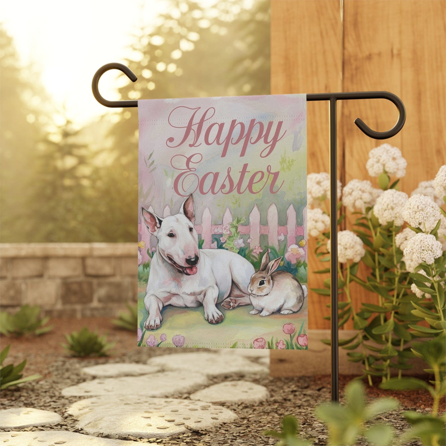 Printify Home Decor Easter White Bull Terrier Garden Flag, Spring Front Yard Decor, Gardener Gift
