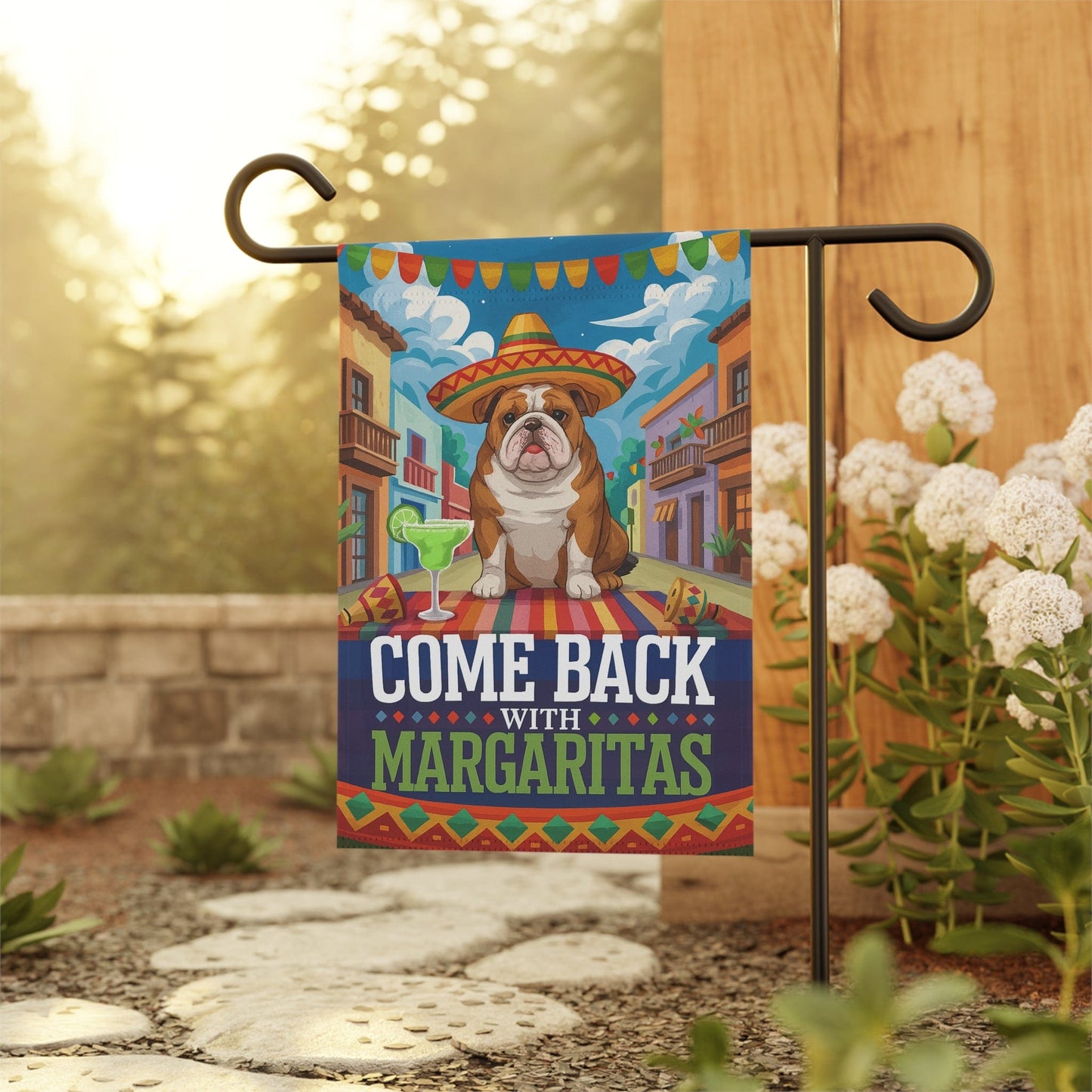 Printify Home Decor English Bulldog Dog Garden Flag, Cinco de Mayo Fiesta, Margarita Drinking Decor, Front Yard Spring Gardener Gift