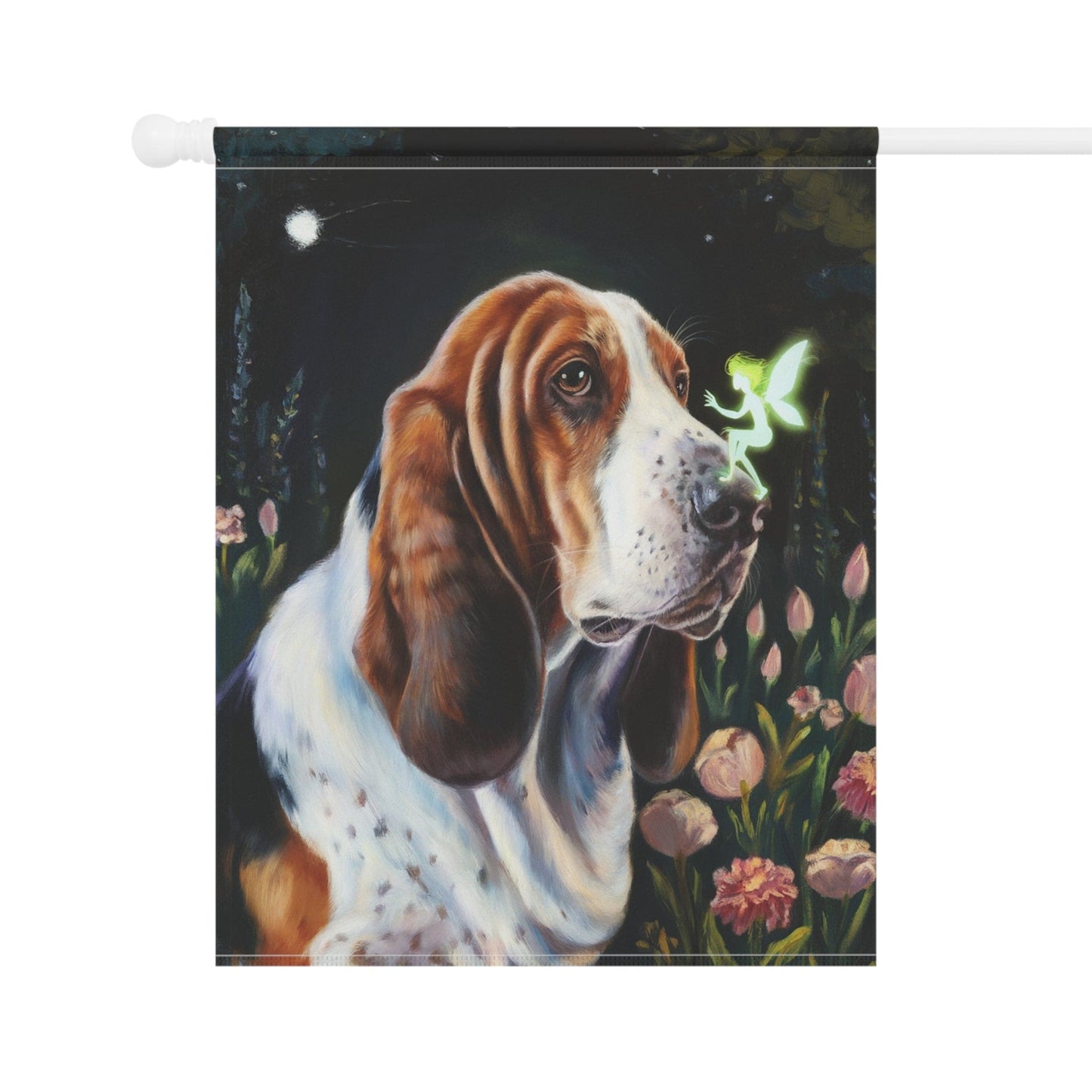 Printify Home Decor Fairies Garden Banner, Basset Hound Flag, Housewarming Yard Sign, Fantasy Decor