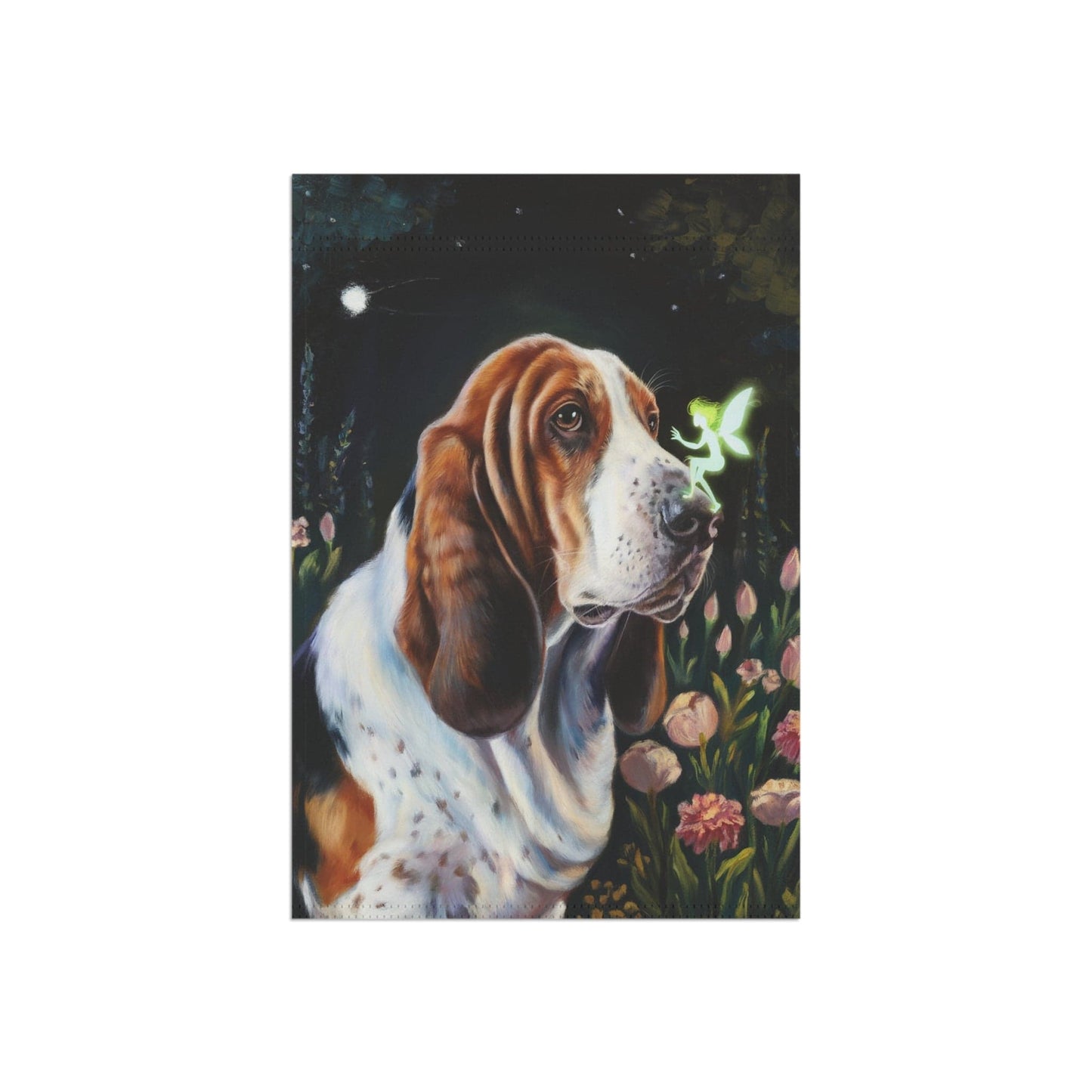 Printify Home Decor Fairies Garden Banner, Basset Hound Flag, Housewarming Yard Sign, Fantasy Decor