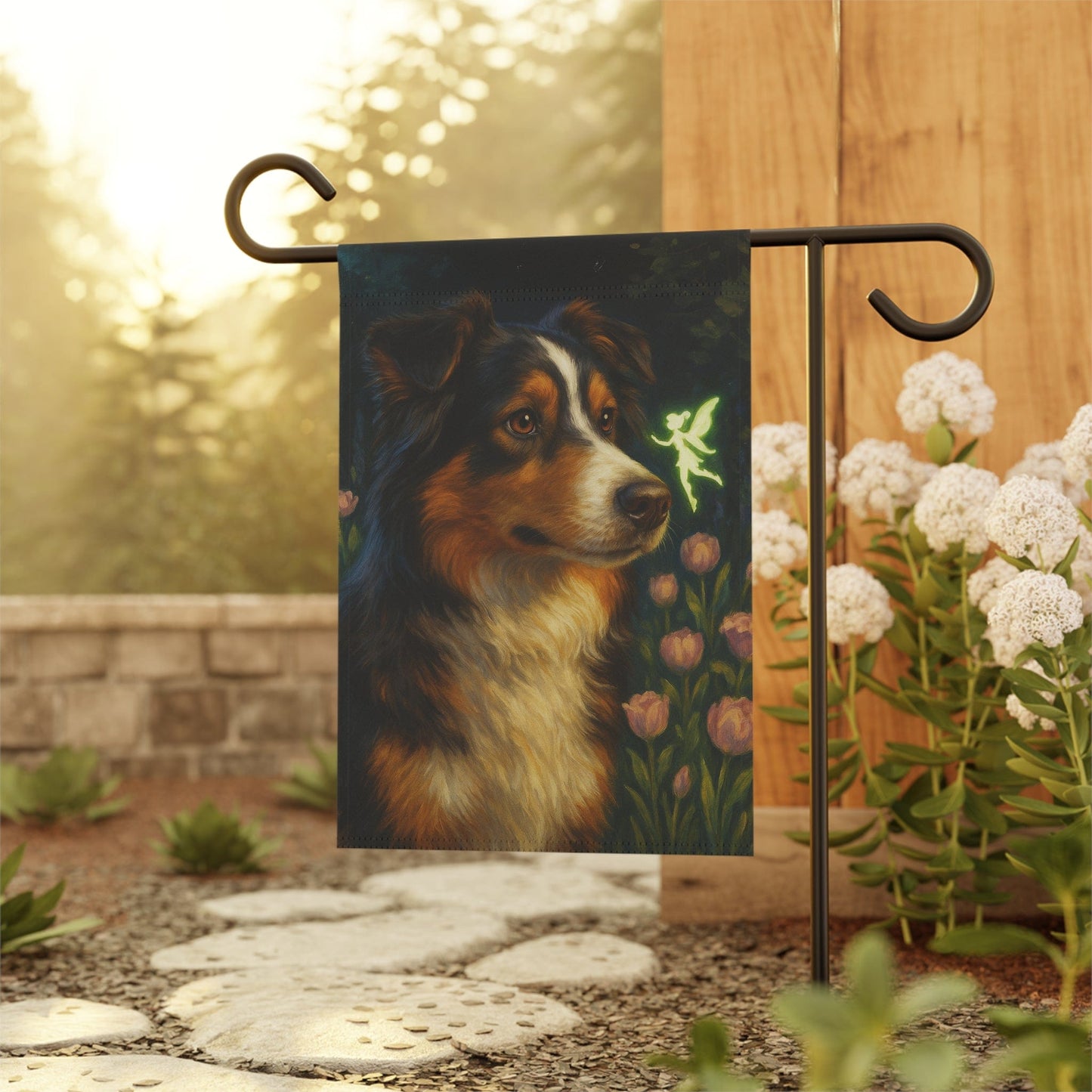 Printify Home Decor Fairy Garden Banner, Australian Shepherd Flag, Tinkerbell Housewarming Yard Sign, Moving Gift