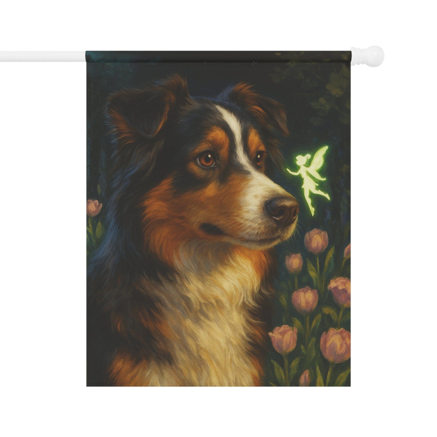 Printify Home Decor 24.5'' × 32'' Fairy Garden Banner, Australian Shepherd Flag, Tinkerbell Housewarming Yard Sign, Moving Gift