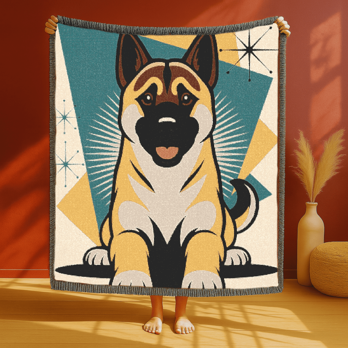 Printify Blanket Fawn American Akita Atomic Mid Century Modern Throw Blanket
