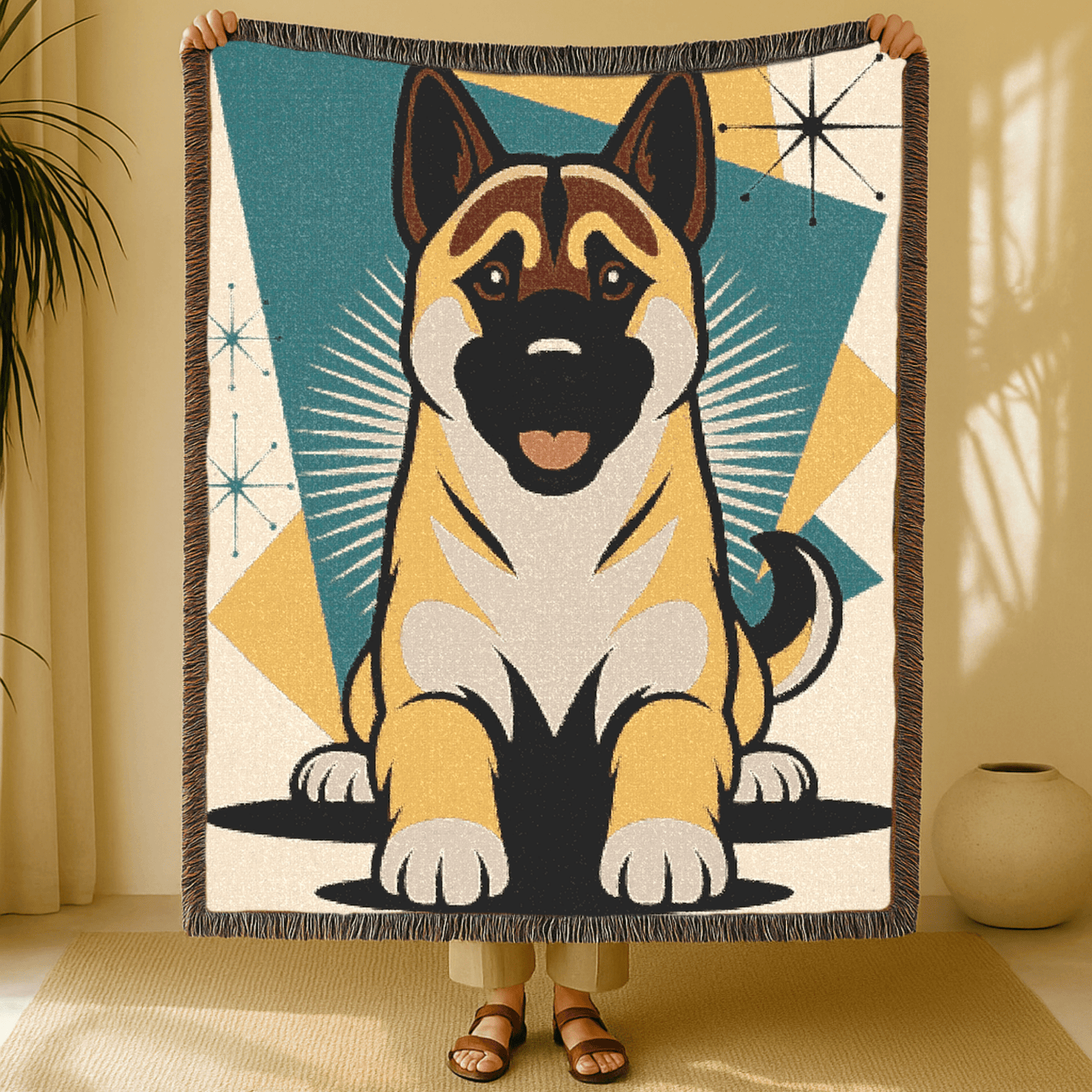 Printify Blanket Fawn American Akita Atomic Mid Century Modern Throw Blanket