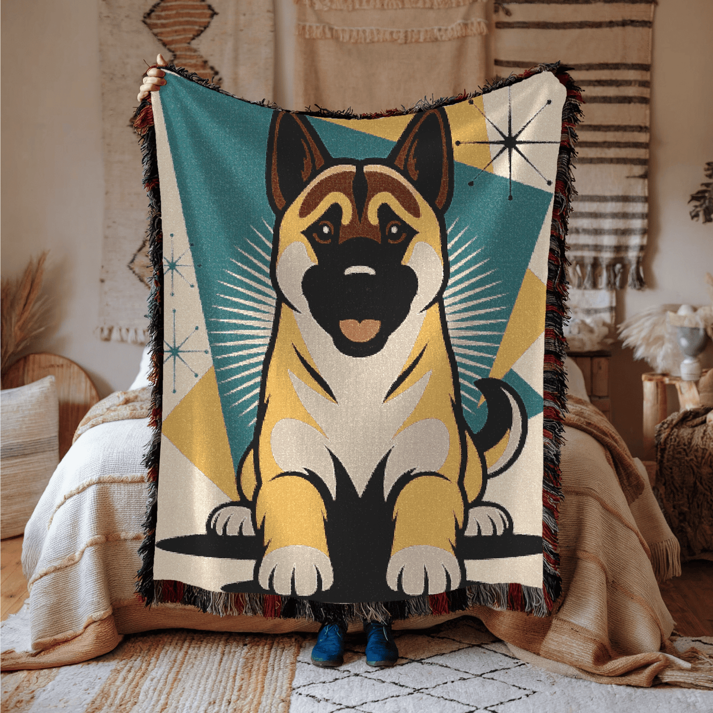 Printify Blanket Fawn American Akita Atomic Mid Century Modern Throw Blanket