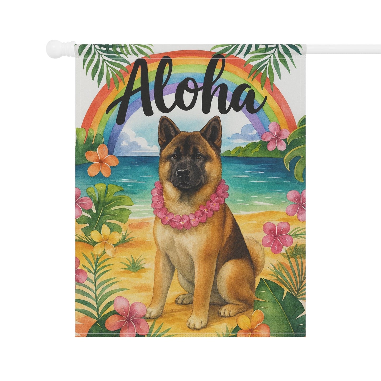 Printify Home Decor Fawn American Akita Dog Hawaii Garden Flag, Aloha Luau Party Decorations, Tropical Hawaiian Beach