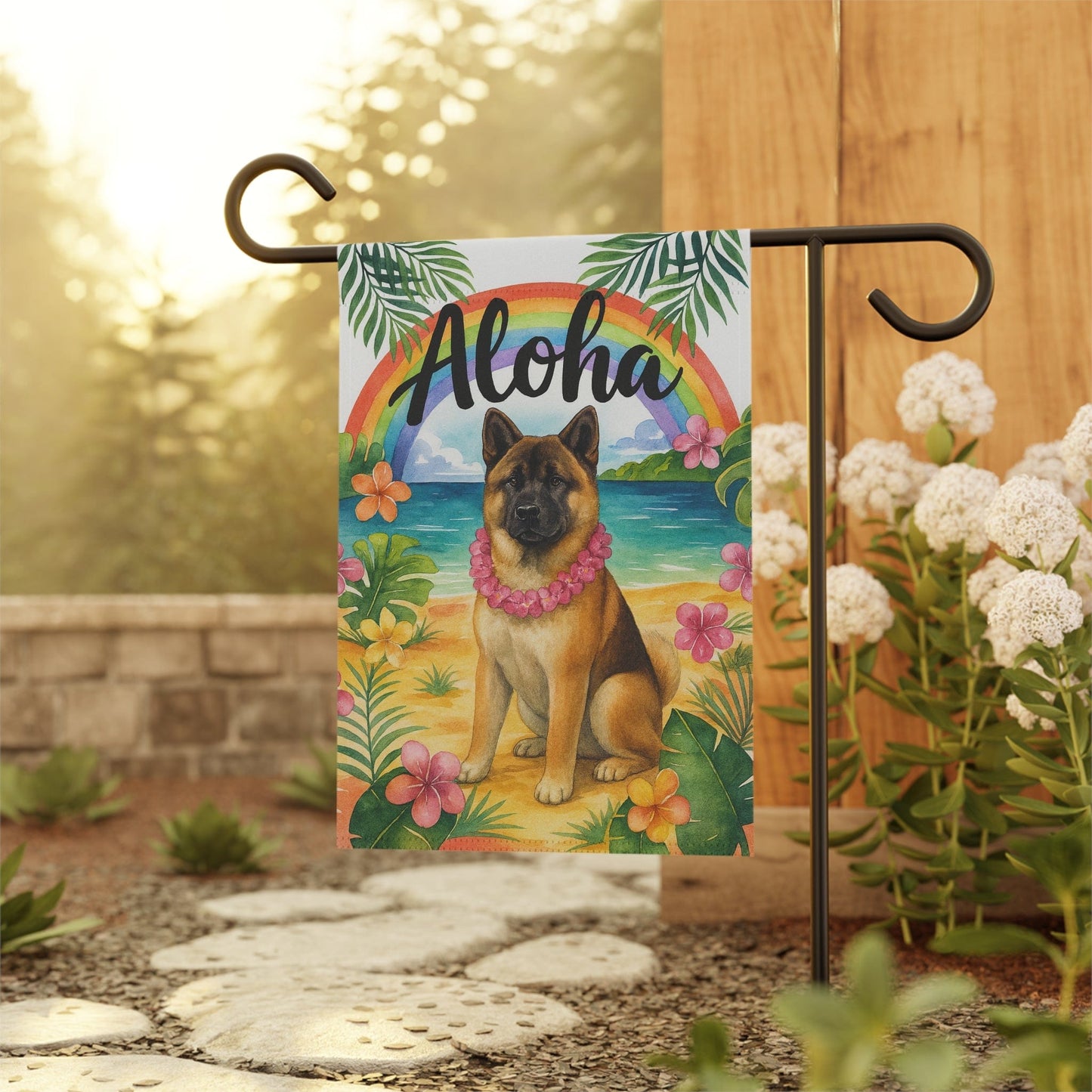 Printify Home Decor Fawn American Akita Dog Hawaii Garden Flag, Aloha Luau Party Decorations, Tropical Hawaiian Beach