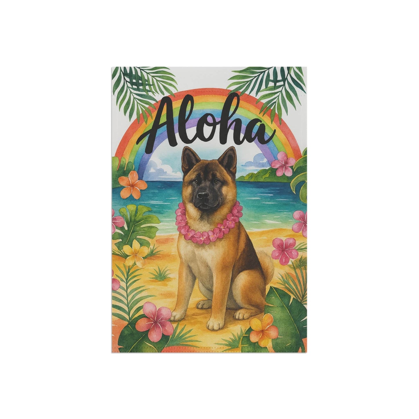 Printify Home Decor Fawn American Akita Dog Hawaii Garden Flag, Aloha Luau Party Decorations, Tropical Hawaiian Beach