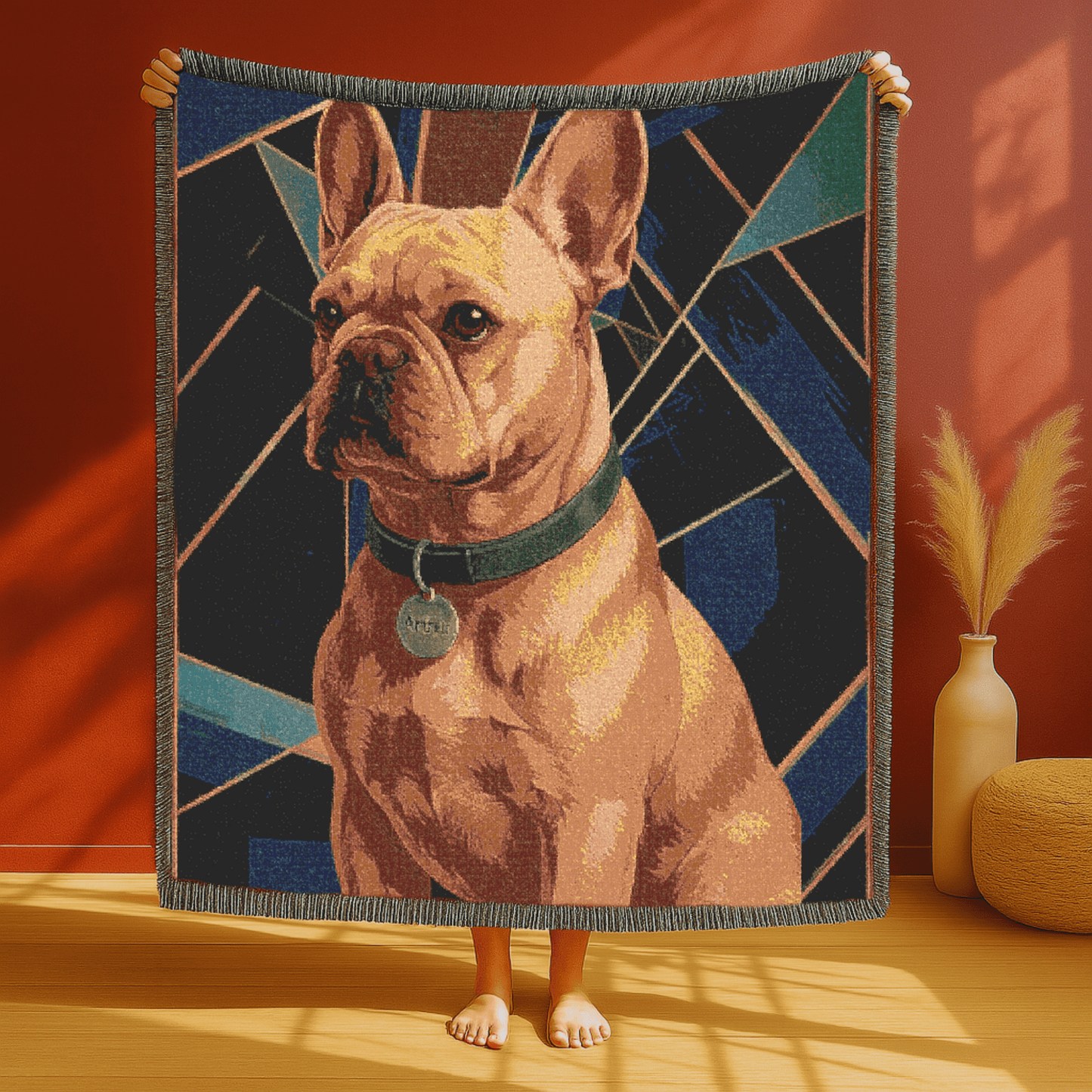 Printify Blanket Fawn French Bulldog Art Deco Woven Blanket