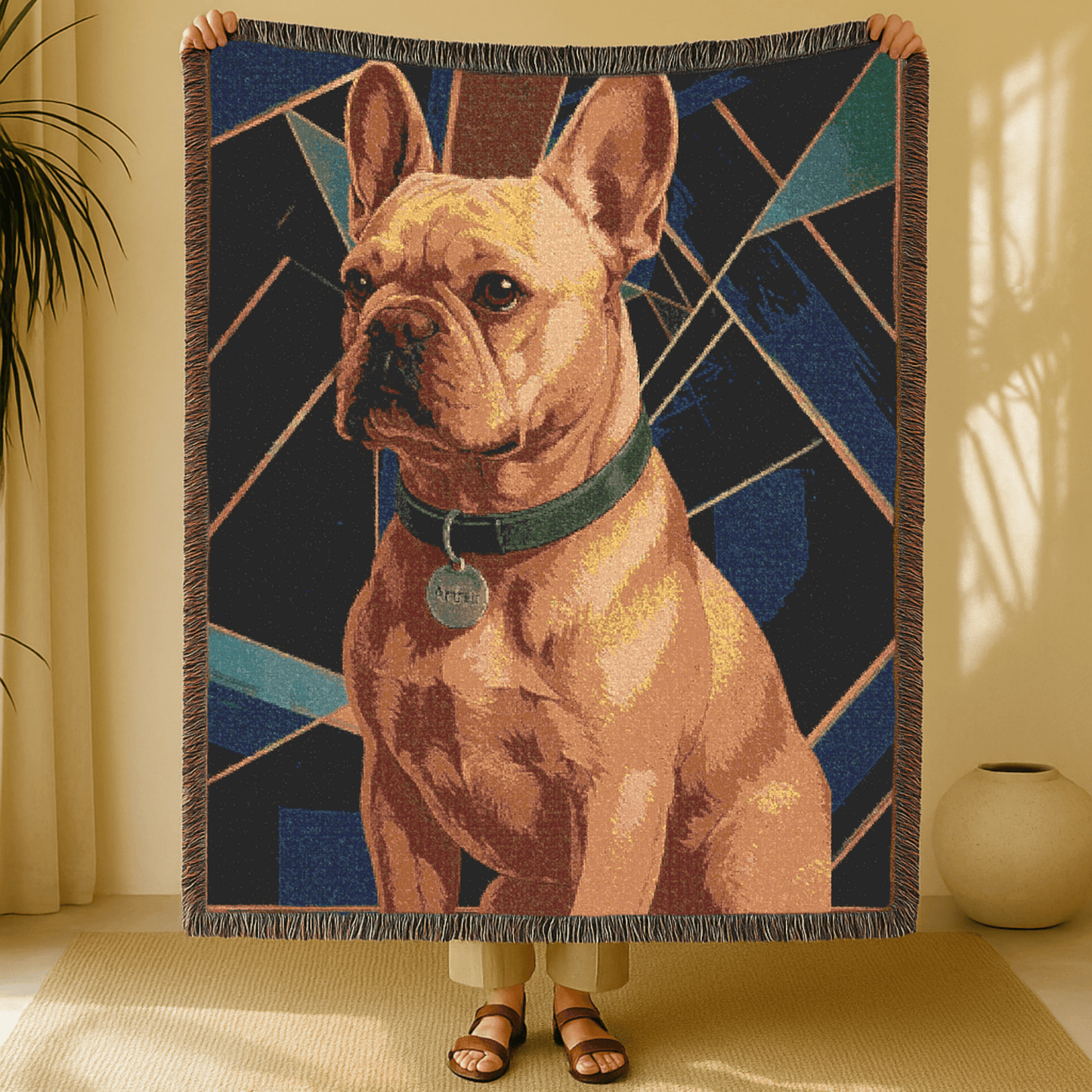 Printify Blanket Fawn French Bulldog Art Deco Woven Blanket