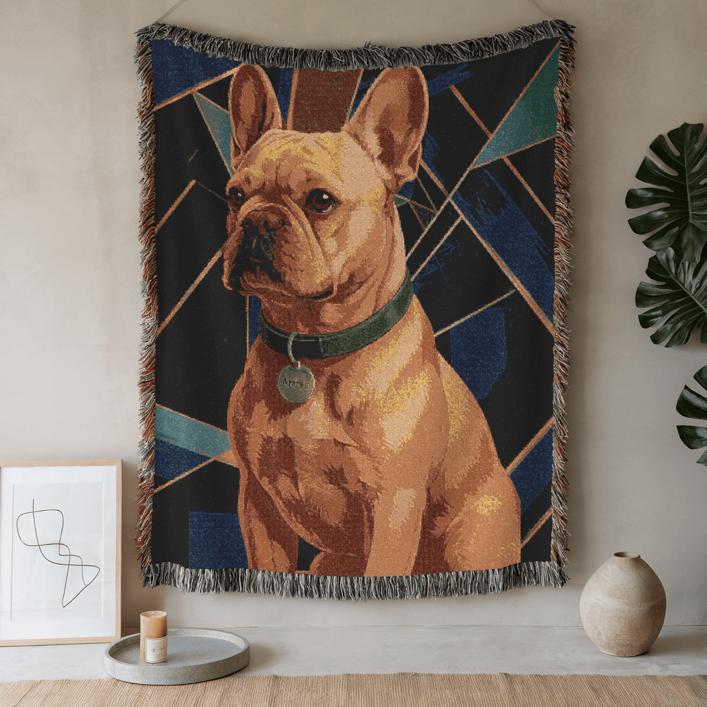 Printify Blanket 52'' × 37'' Fawn French Bulldog Art Deco Woven Blanket