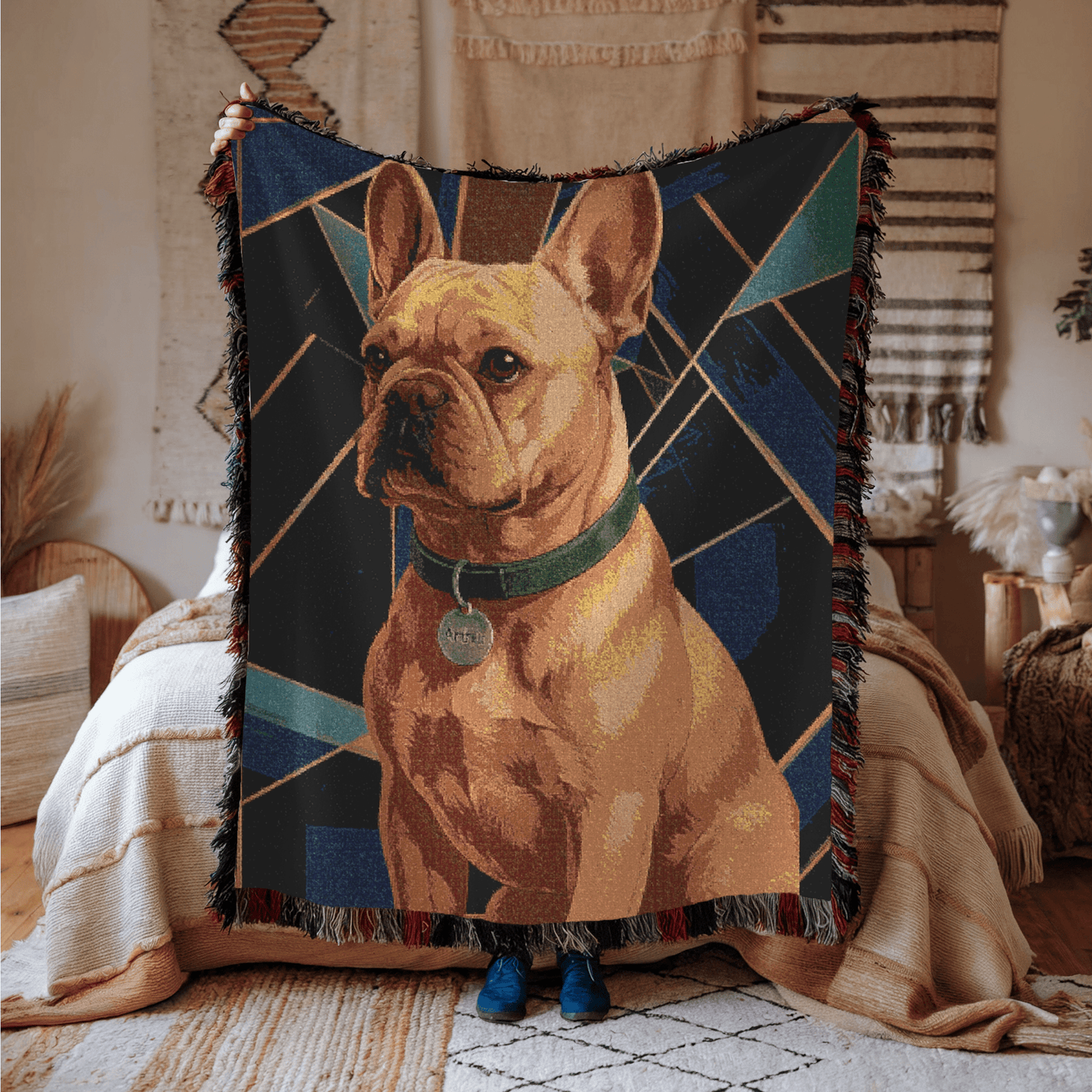 Printify Blanket Fawn French Bulldog Art Deco Woven Blanket