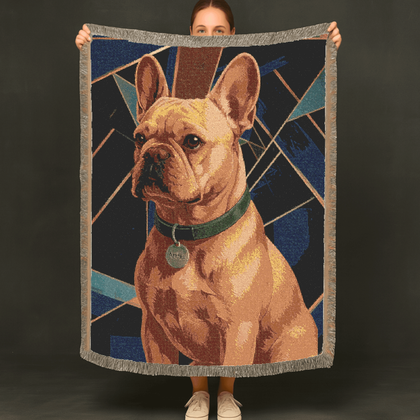 Printify Blanket Fawn French Bulldog Art Deco Woven Blanket