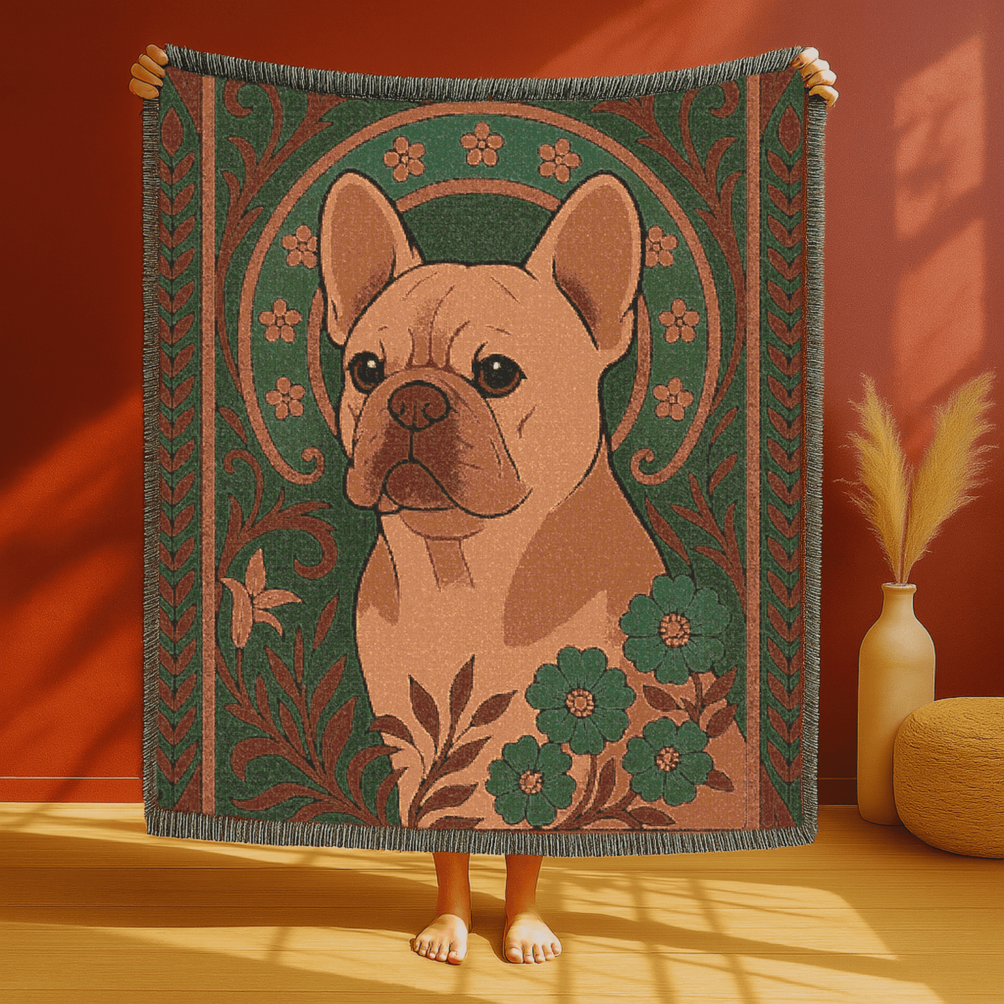 Printify Blanket Fawn French Bulldog Art Deco Woven Blanket