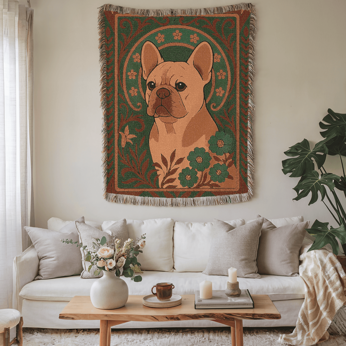 Printify Blanket Fawn French Bulldog Art Deco Woven Blanket